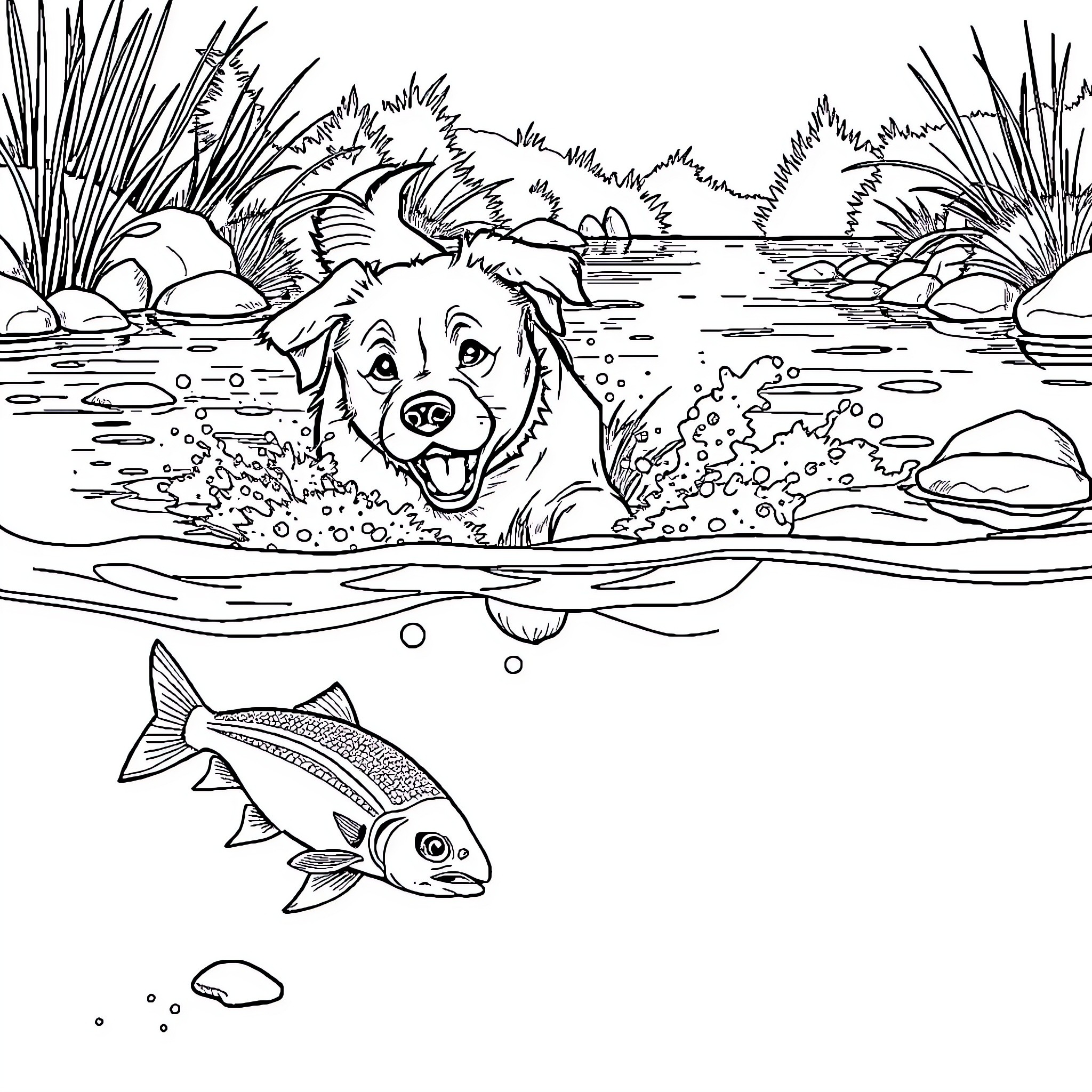 Dog splashing happily in pond with fish Coloring Page (free black-and-white line drawing printable PDF for all, from beginners to advanced learners, including children, teens, adults, and seniors)