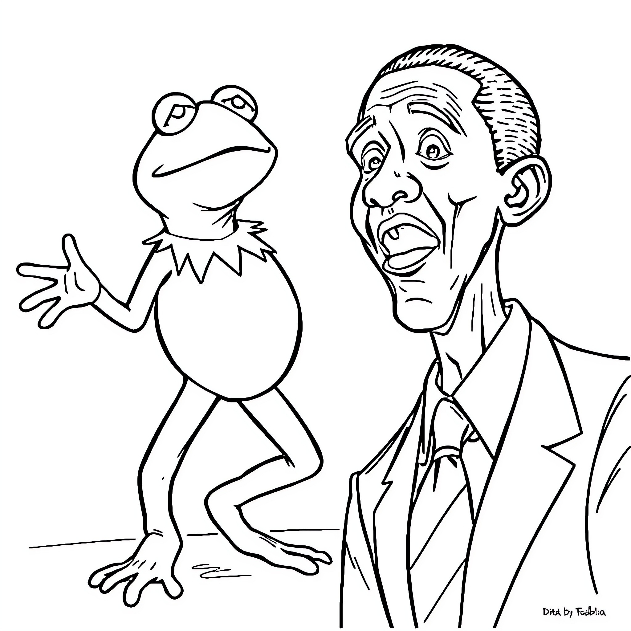 Kermit and man in suit with surprised expressions Coloring Page (free black-and-white line drawing printable PDF for all, from beginners to advanced learners, including children, teens, adults, and seniors)