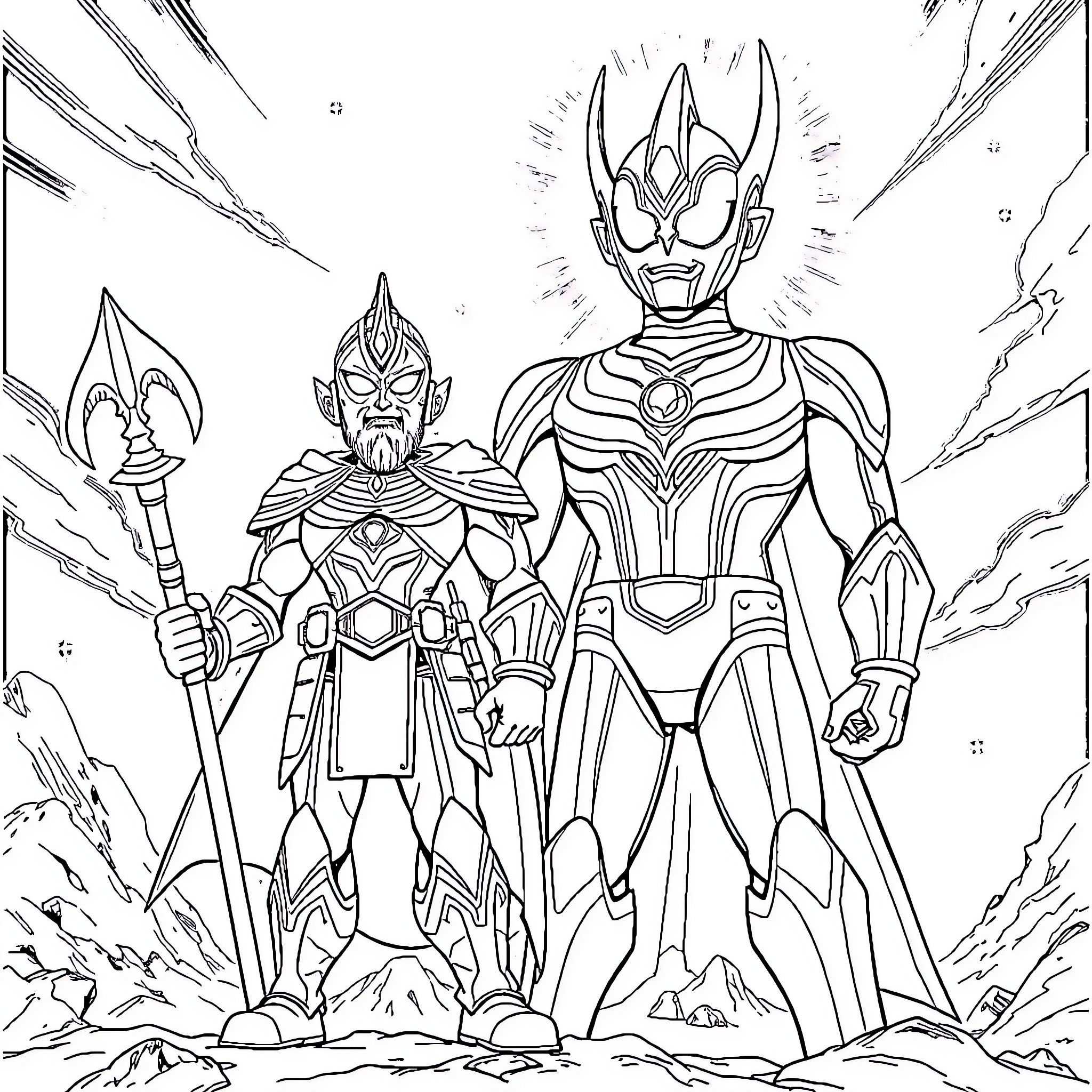 Barbe armored warriors in action-packed scene Coloring Page (free black-and-white line drawing printable PDF for all, from beginners to advanced learners, including children, teens, adults, and seniors)