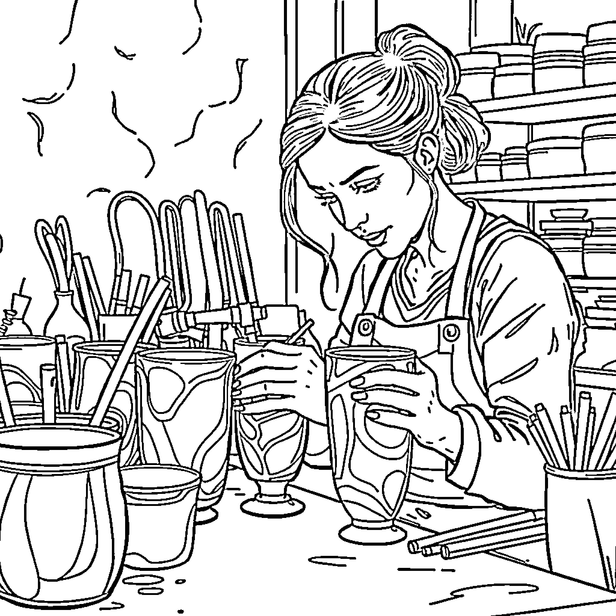 Woman working diligently in her art studio Coloring Page (free black-and-white line drawing printable PDF for all, from beginners to advanced learners, including children, teens, adults, and seniors)