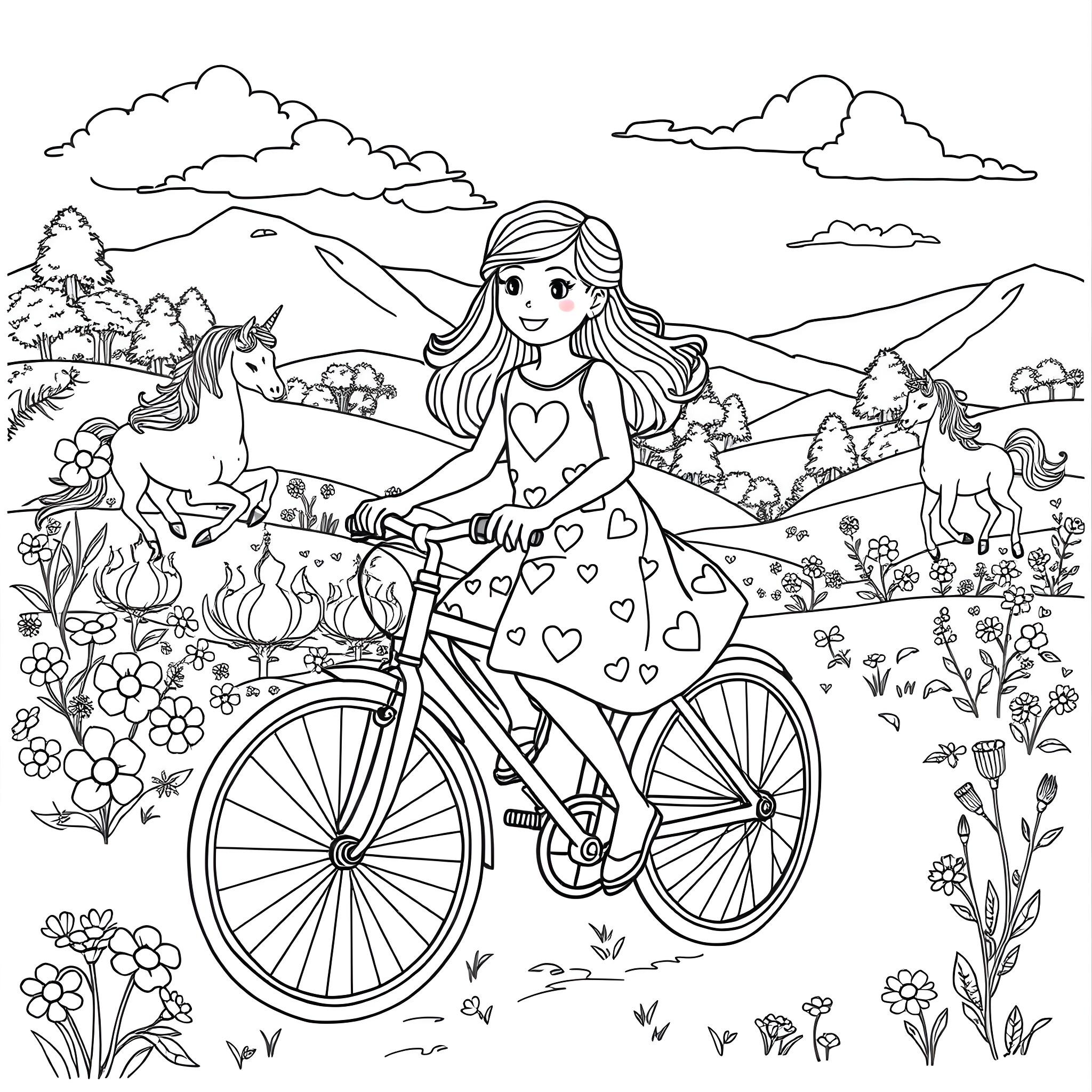 Girl riding bicycle in scenic countryside landscape Coloring Page (free black-and-white line drawing printable PDF for all, from beginners to advanced learners, including children, teens, adults, and seniors)