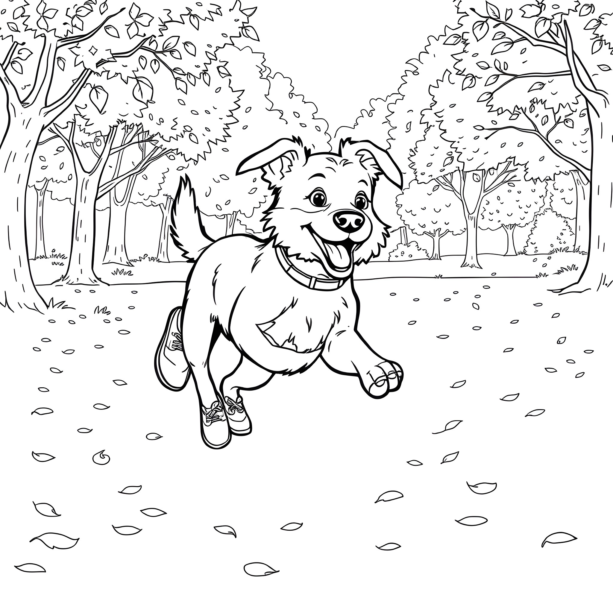 Dog happily running through the autumn forest Coloring Page (free black-and-white line drawing printable PDF for all, from beginners to advanced learners, including children, teens, adults, and seniors)
