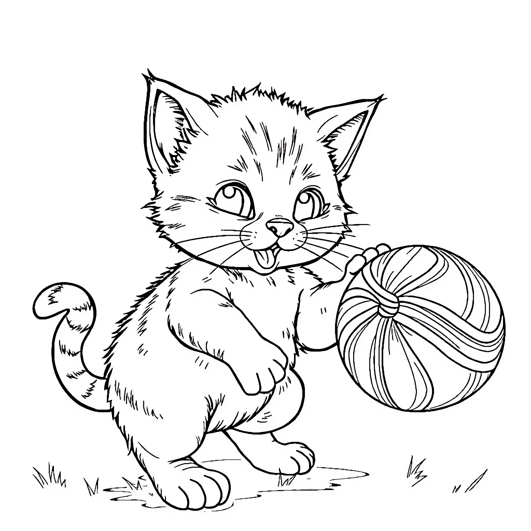 Cat playing with yarn ball Coloring Page (free black-and-white line drawing printable PDF for all, from beginners to advanced learners, including children, teens, adults, and seniors)
