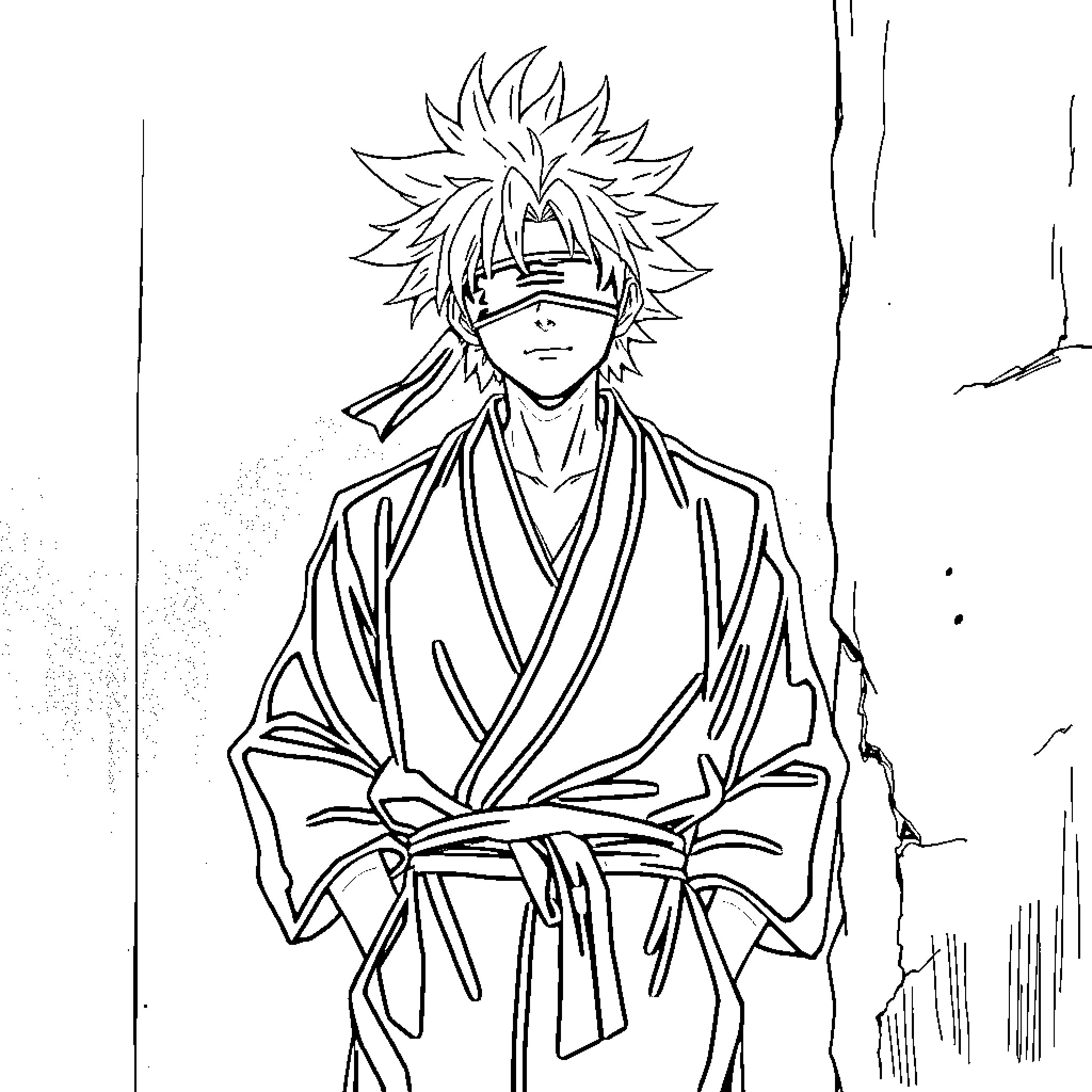Satoru Gojo in Contemplative Pose Coloring Page (free black-and-white line drawing printable PDF for all, from beginners to advanced learners, including children, teens, adults, and seniors)