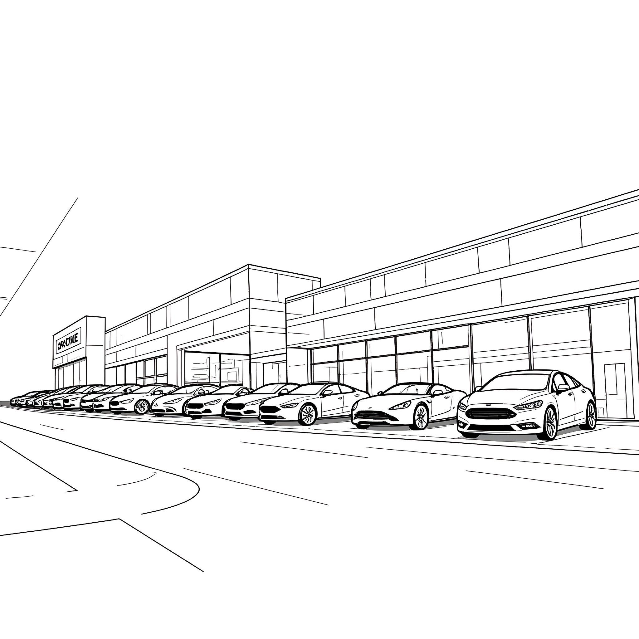 Cars displayed in front of auto dealership Coloring Page (free black-and-white line drawing printable PDF for all, from beginners to advanced learners, including children, teens, adults, and seniors)