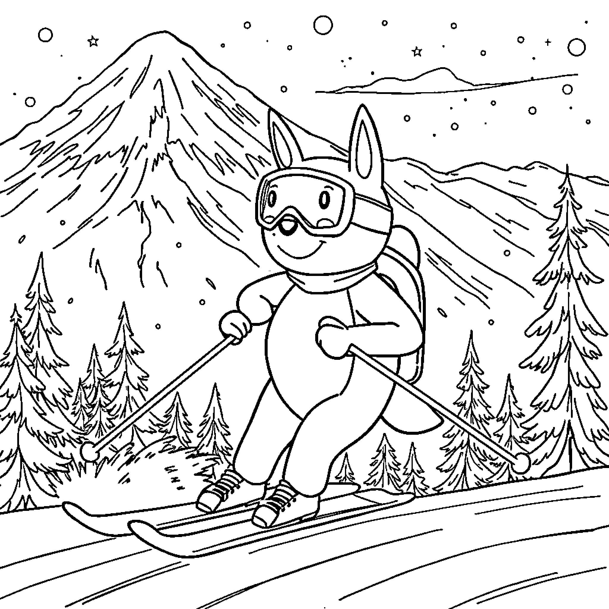 Pat skiing down the snowy mountain Coloring Page (free black-and-white line drawing printable PDF for all, from beginners to advanced learners, including children, teens, adults, and seniors)