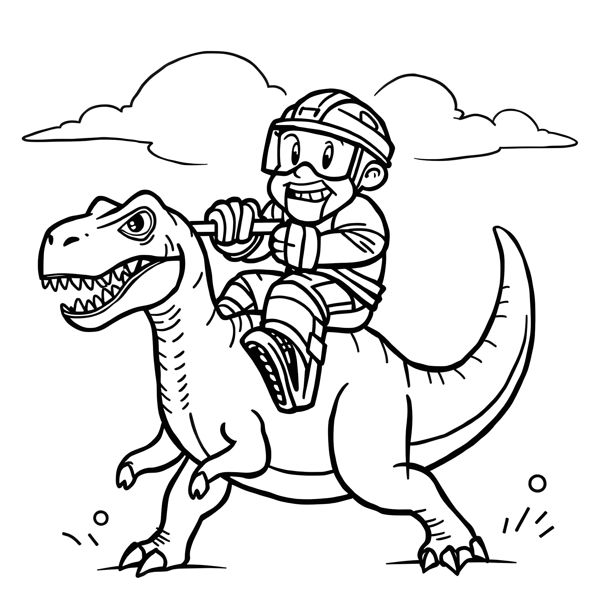 Hockey Goalie Riding a Dinosaur Coloring Page (free black-and-white line drawing printable PDF for all, from beginners to advanced learners, including children, teens, adults, and seniors)