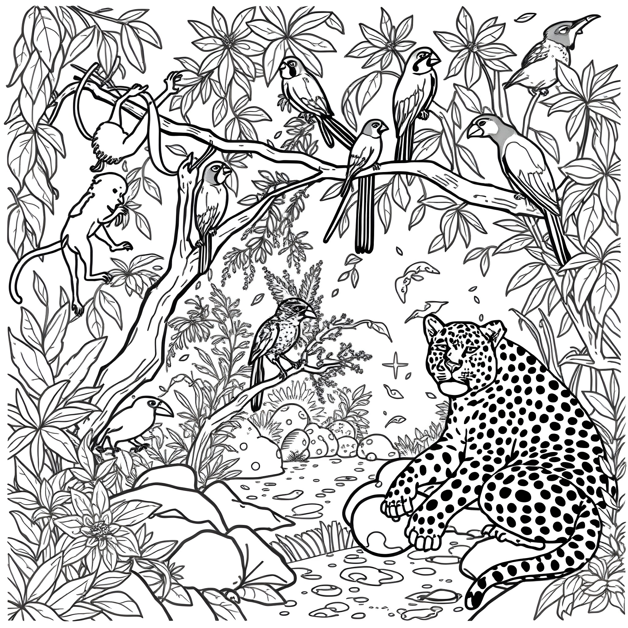 Animal scene with tropical plants and wildlife Coloring Page (free black-and-white line drawing printable PDF for all, from beginners to advanced learners, including children, teens, adults, and seniors)
