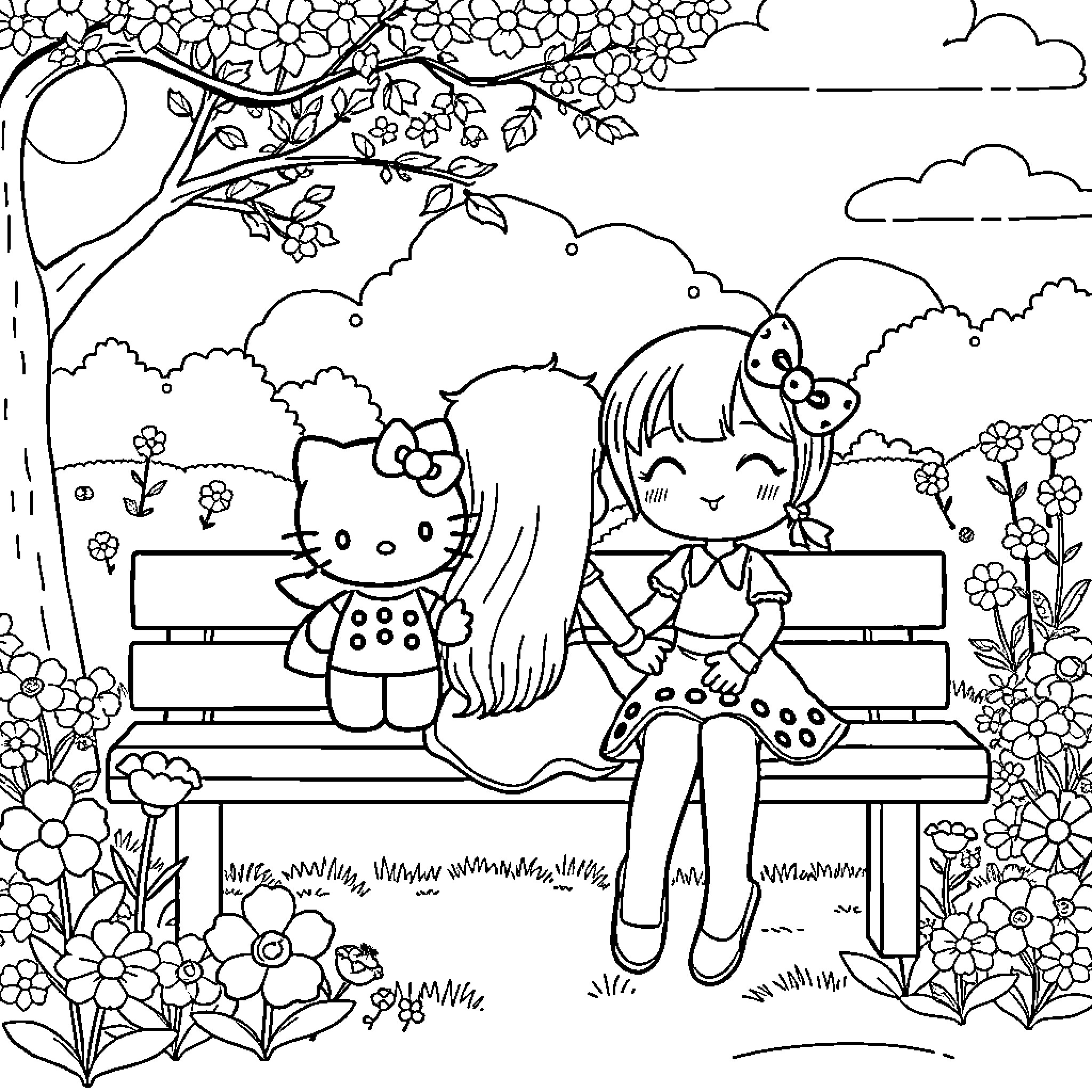 Kuromi enjoying a peaceful day in the park Coloring Page (free black-and-white line drawing printable PDF for all, from beginners to advanced learners, including children, teens, adults, and seniors)