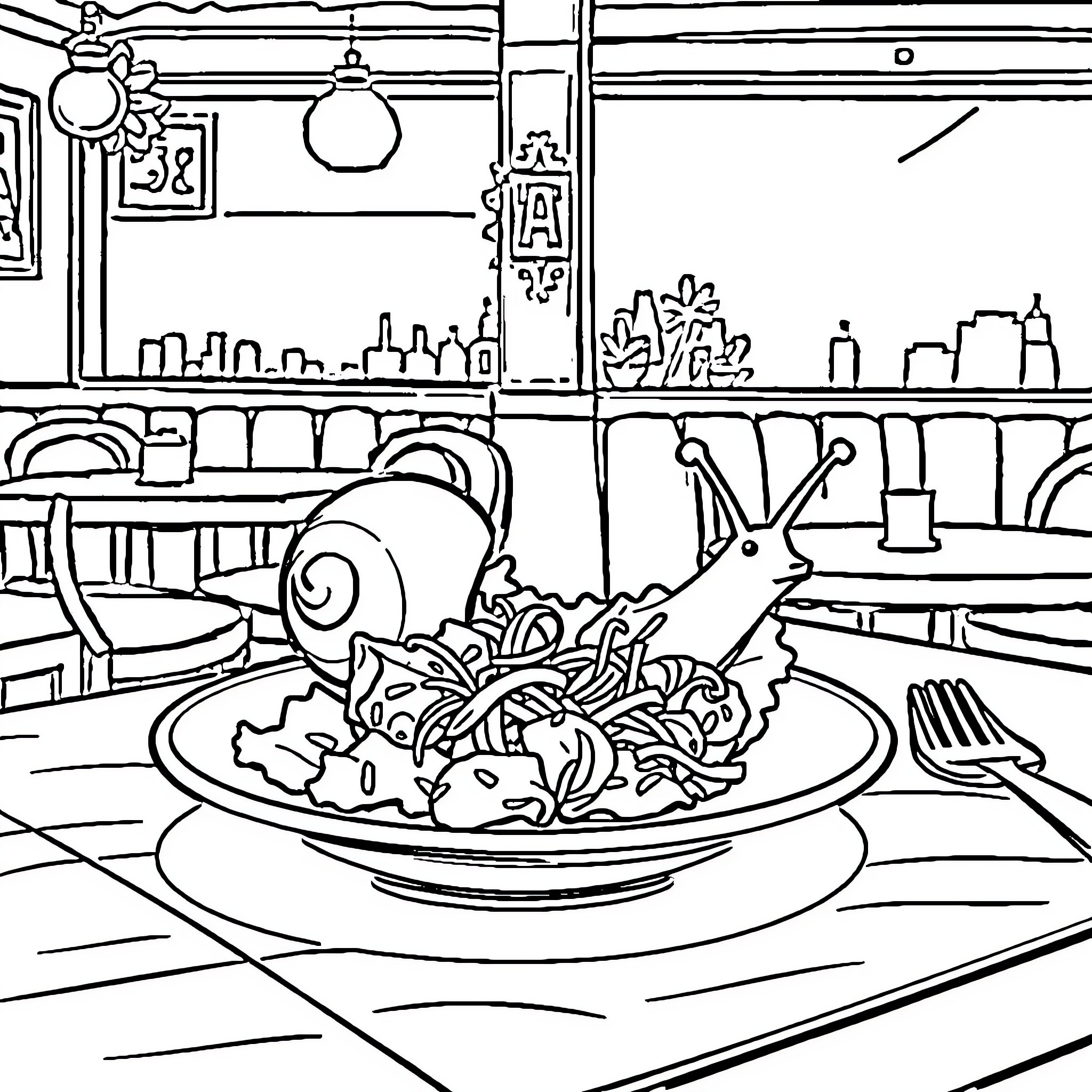 Snail serving a delightful meal in a cozy restaurant Coloring Page (free black-and-white line drawing printable PDF for all, from beginners to advanced learners, including children, teens, adults, and seniors)