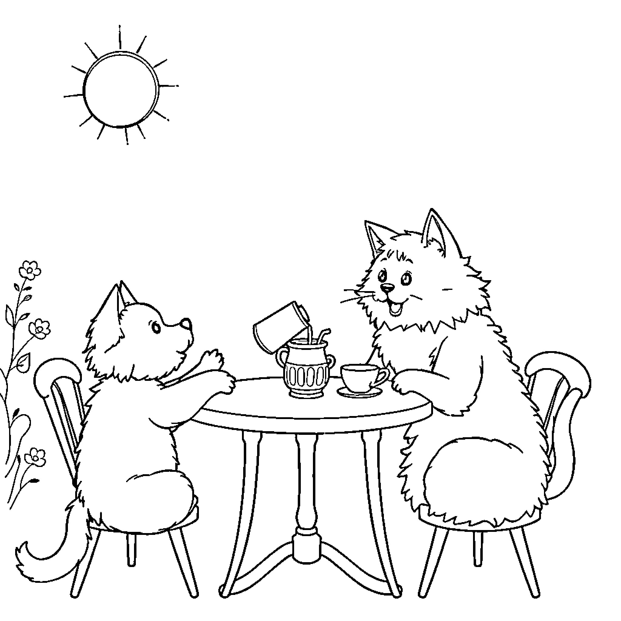 Cats enjoying tea time in the garden Coloring Page (free black-and-white line drawing printable PDF for all, from beginners to advanced learners, including children, teens, adults, and seniors)