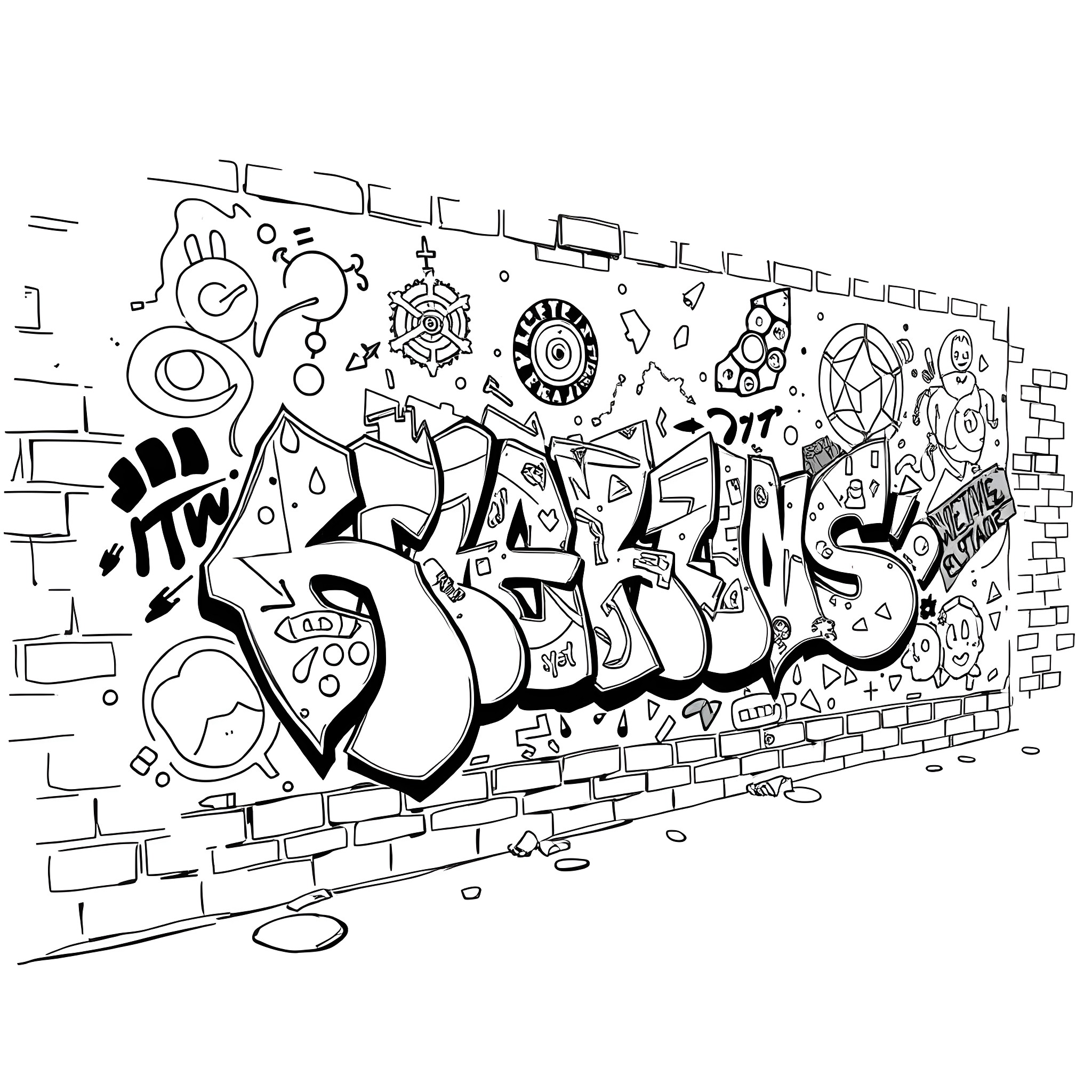 Graffiti depicting a whimsical, abstract scene on a brick wall Coloring Page (free black-and-white line drawing printable PDF for all, from beginners to advanced learners, including children, teens, adults, and seniors)