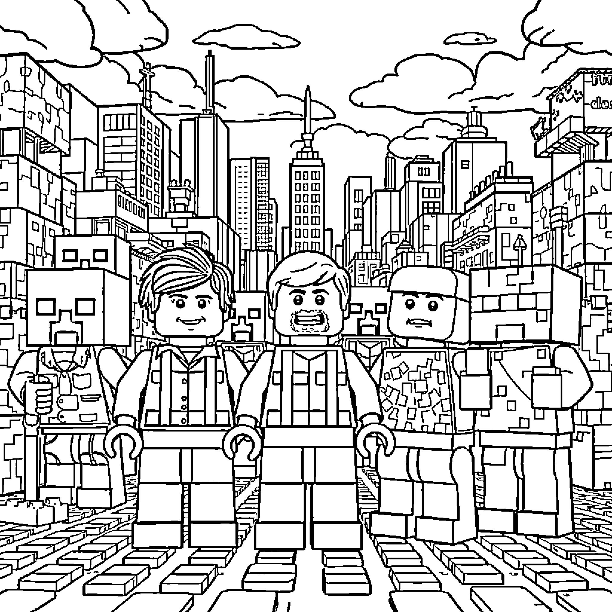 LEGO Figure Characters in a Bustling City Skyline Coloring Page (free black-and-white line drawing printable PDF for all, from beginners to advanced learners, including children, teens, adults, and seniors)