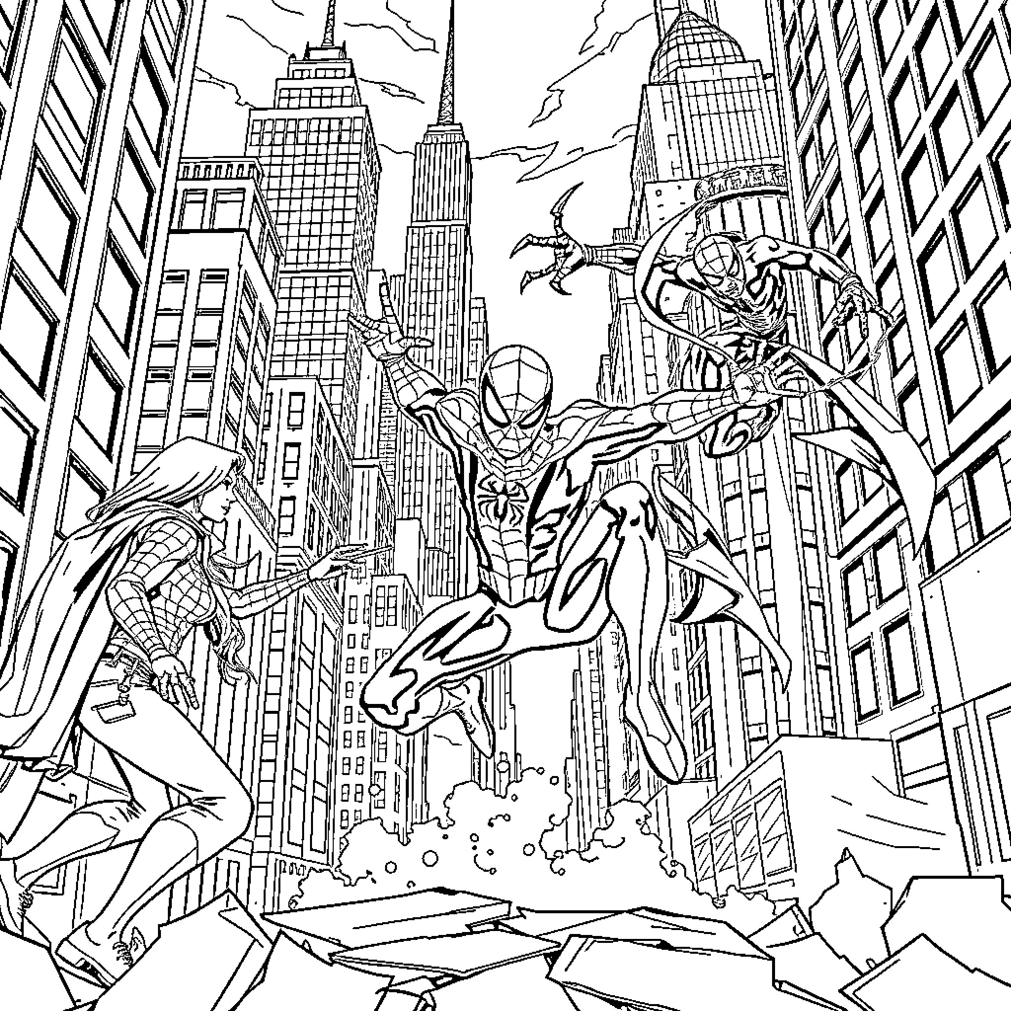 Spidey swinging through New York City skyline Coloring Page (free black-and-white line drawing printable PDF for all, from beginners to advanced learners, including children, teens, adults, and seniors)