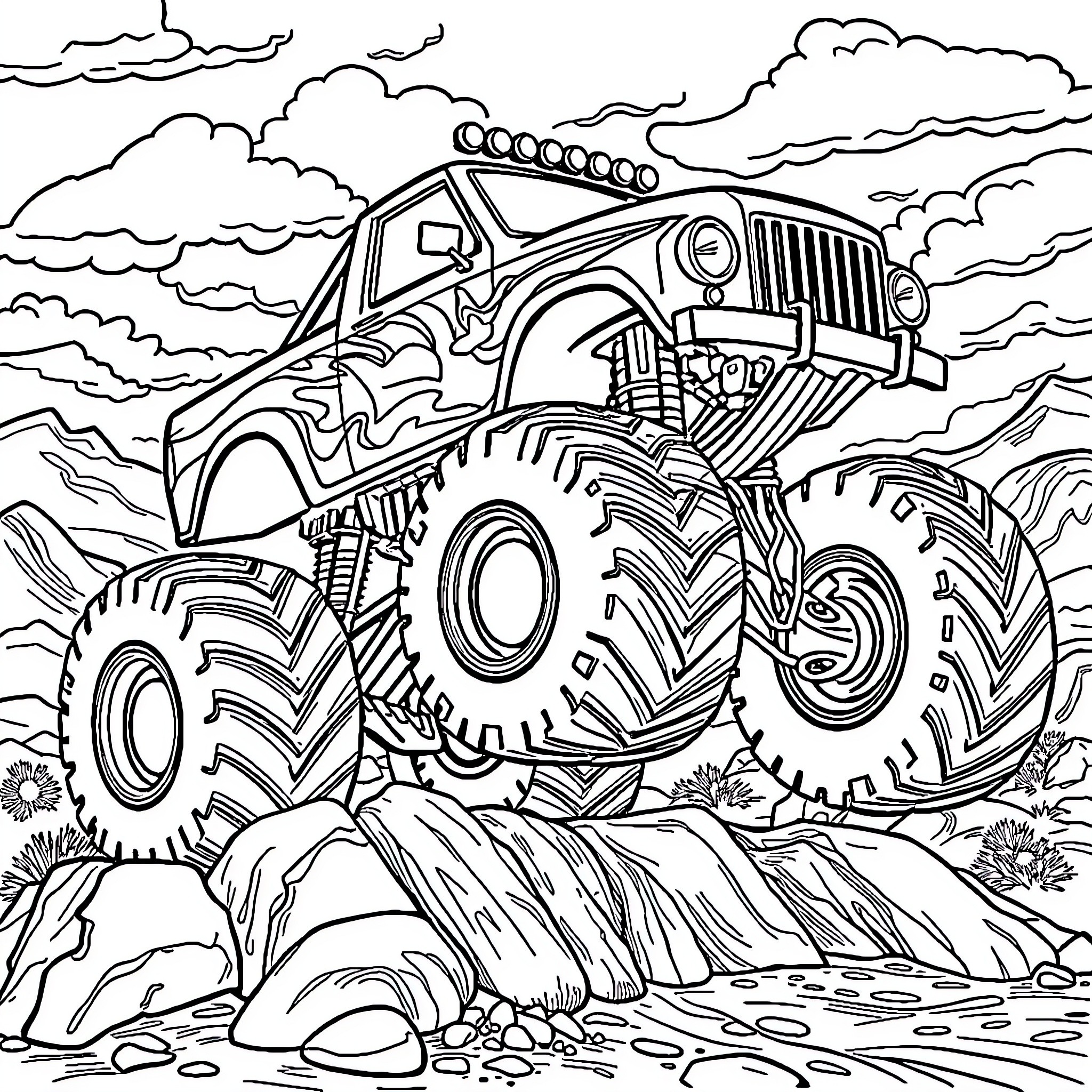 Monster Truck Crushing Rocks and Obstacles in the Wilderness Coloring Page (free black-and-white line drawing printable PDF for all, from beginners to advanced learners, including children, teens, adults, and seniors)