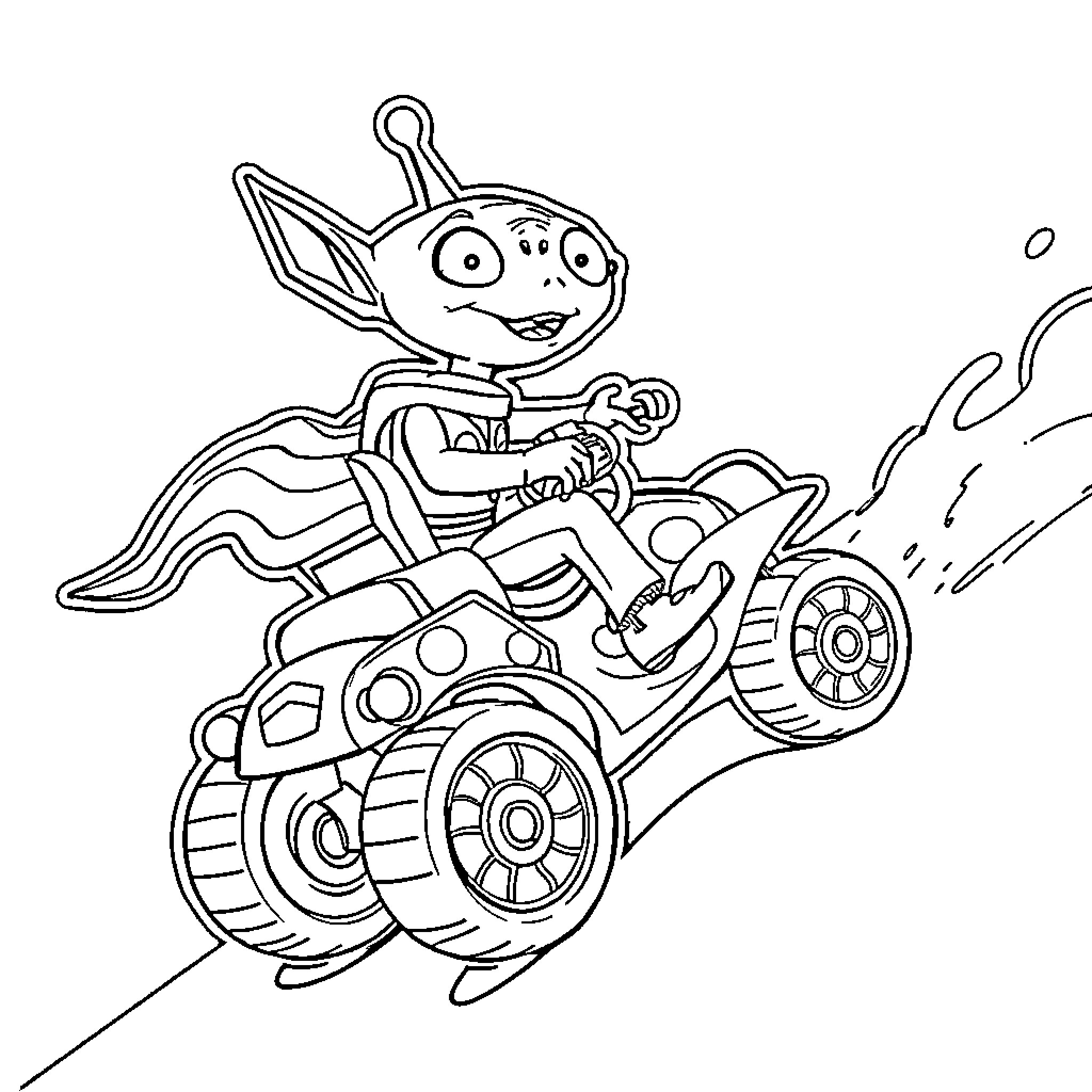 Alien driving a futuristic vehicle down the road Coloring Page (free black-and-white line drawing printable PDF for all, from beginners to advanced learners, including children, teens, adults, and seniors)