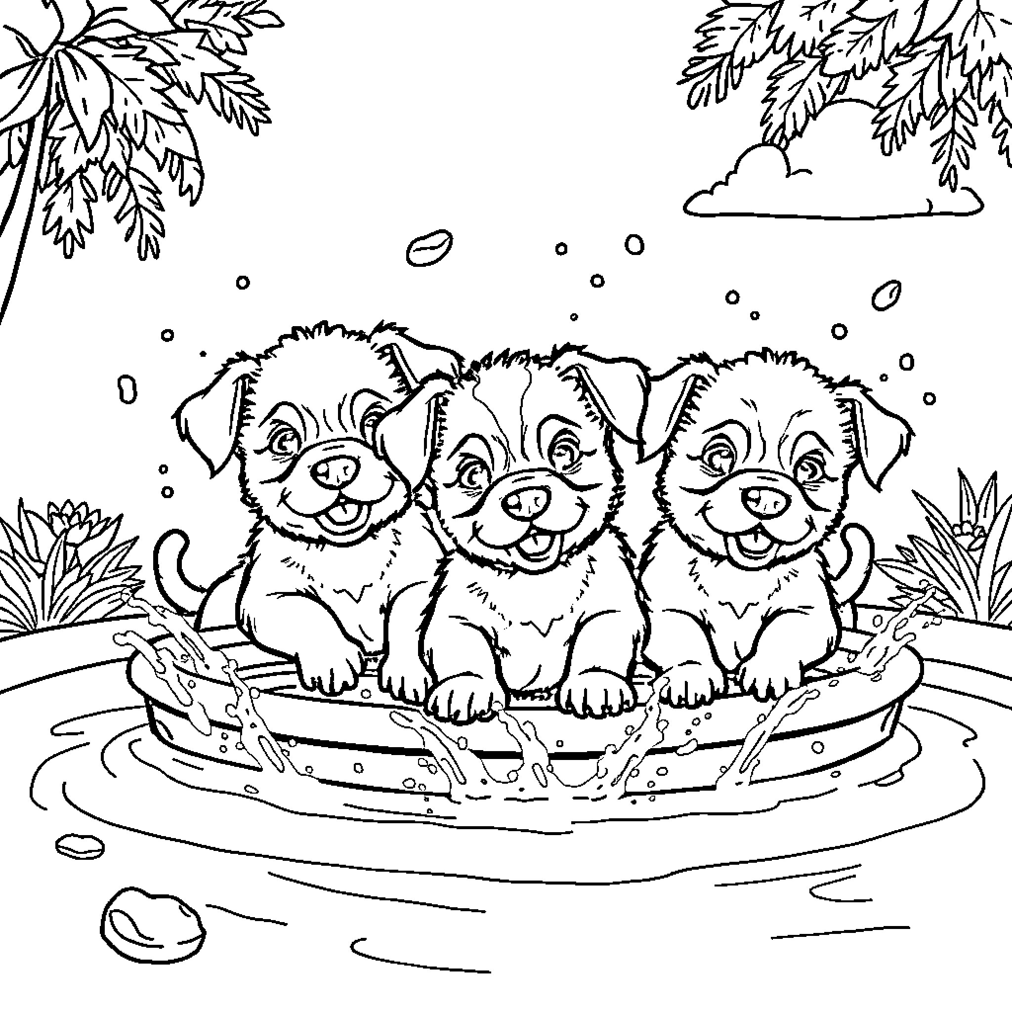 Puppy Playing Joyfully in a Bathtub Filled with Water Coloring Page (free black-and-white line drawing printable PDF for all, from beginners to advanced learners, including children, teens, adults, and seniors)