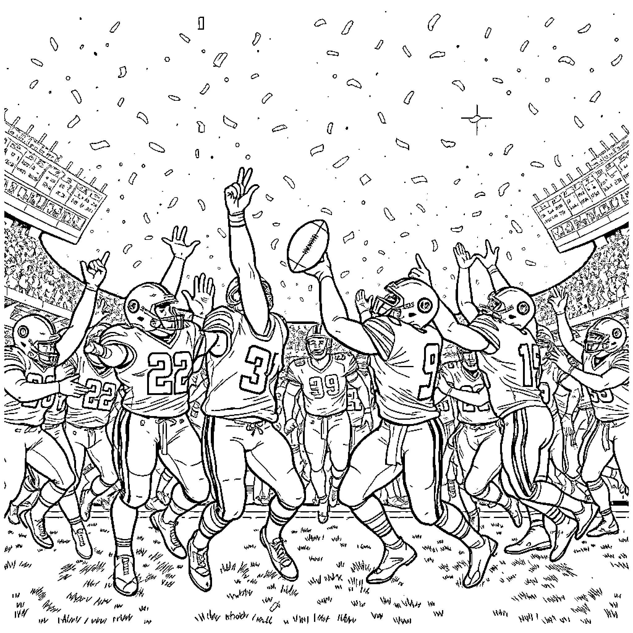 Super Bowl Celebration of Victorious Players Coloring Page (free black-and-white line drawing printable PDF for all, from beginners to advanced learners, including children, teens, adults, and seniors)