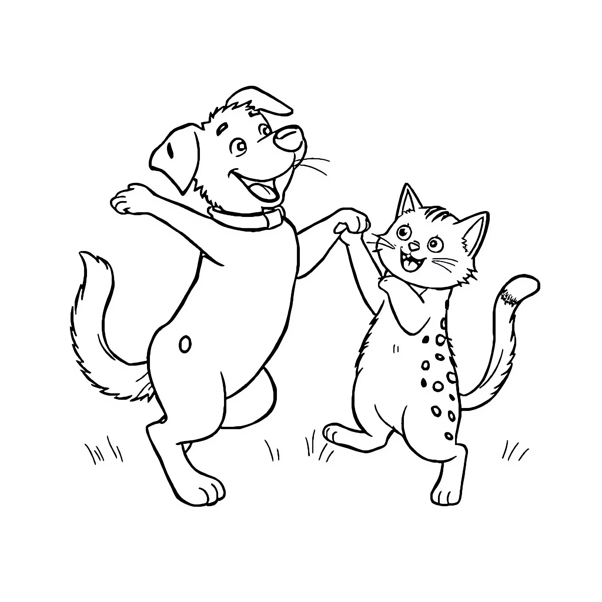 Dog and cat playing together happily Coloring Page (free black-and-white line drawing printable PDF for all, from beginners to advanced learners, including children, teens, adults, and seniors)