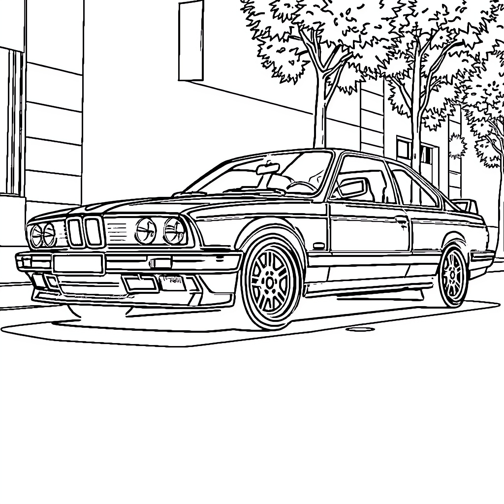 BMW parked on a city street with trees Coloring Page (free black-and-white line drawing printable PDF for all, from beginners to advanced learners, including children, teens, adults, and seniors)