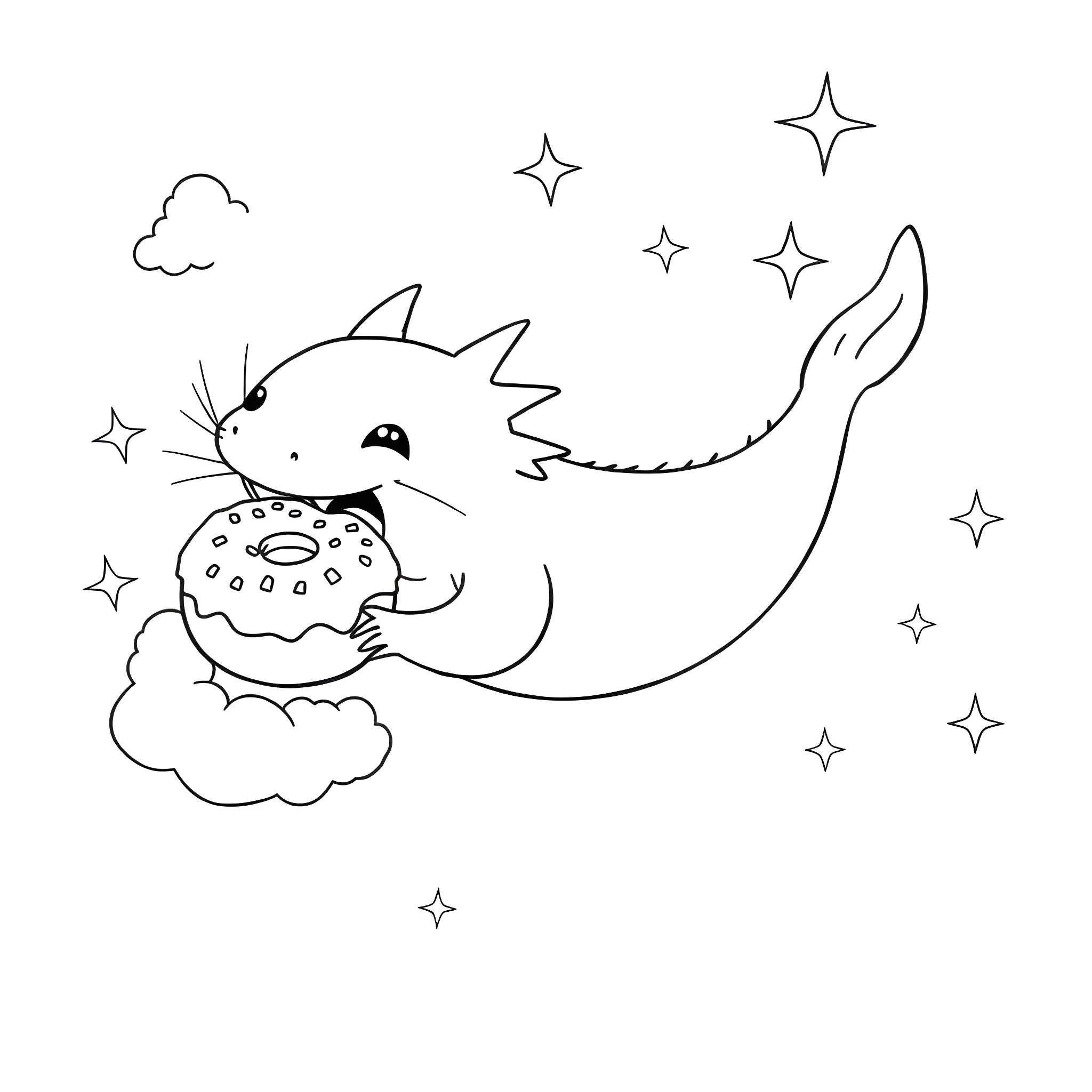 Axolotl swimming among stars and clouds Coloring Page (free black-and-white line drawing printable PDF for all, from beginners to advanced learners, including children, teens, adults, and seniors)