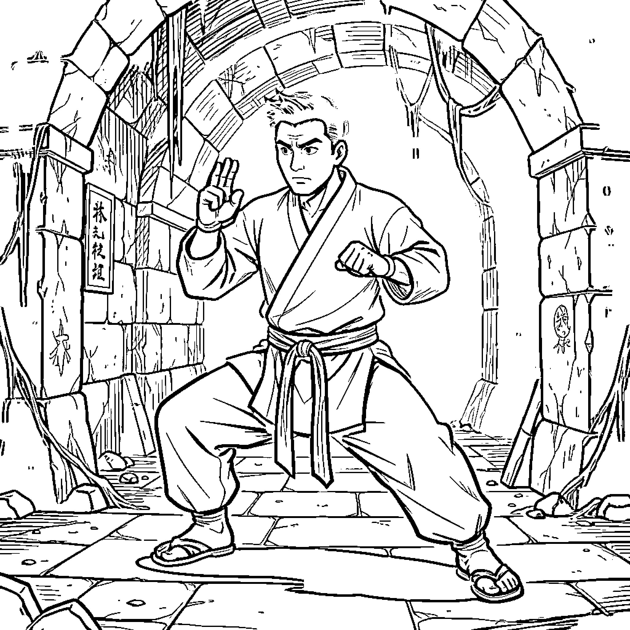Man practicing martial arts in an ancient stone temple Coloring Page (free black-and-white line drawing printable PDF for all, from beginners to advanced learners, including children, teens, adults, and seniors)
