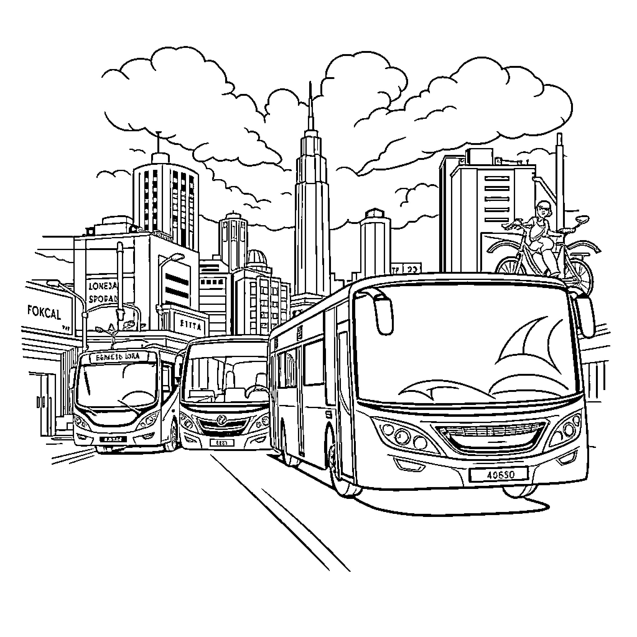 City streets with bustling traffic and skyscrapers Coloring Page (free black-and-white line drawing printable PDF for all, from beginners to advanced learners, including children, teens, adults, and seniors)