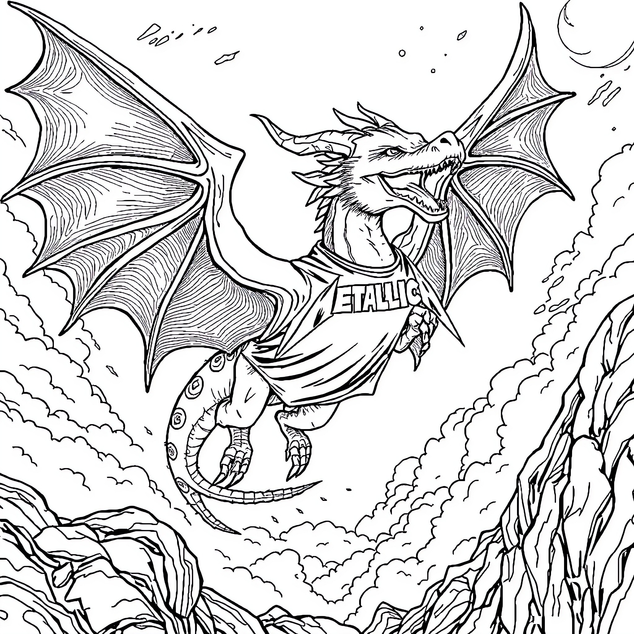 Flying Dragon Soaring Through Metallic Clouds Coloring Page (free black-and-white line drawing printable PDF for all, from beginners to advanced learners, including children, teens, adults, and seniors)