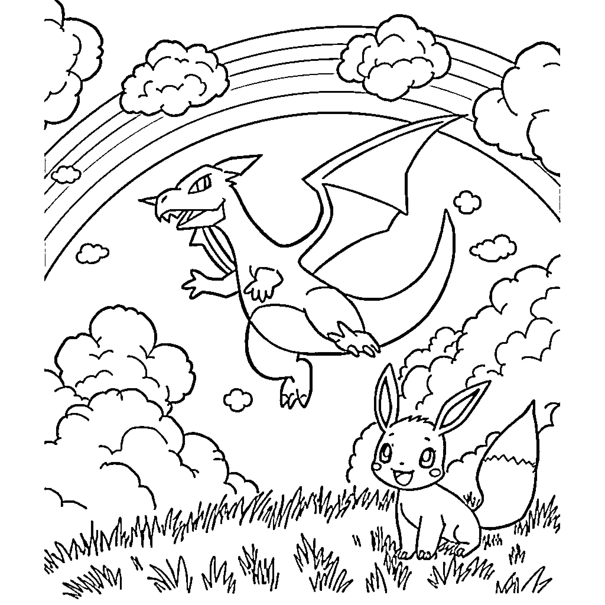 Charizard and Eevee playing in nature Coloring Page (free black-and-white line drawing printable PDF for all, from beginners to advanced learners, including children, teens, adults, and seniors)