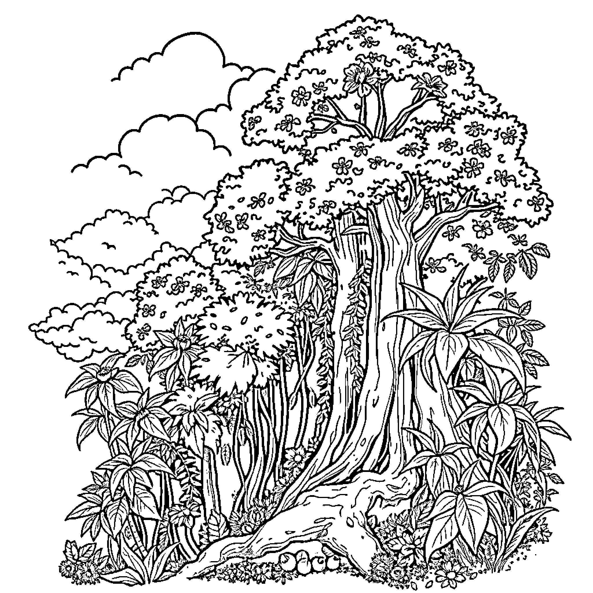 Forest scene with lush vegetation and clouds Coloring Page (free black-and-white line drawing printable PDF for all, from beginners to advanced learners, including children, teens, adults, and seniors)