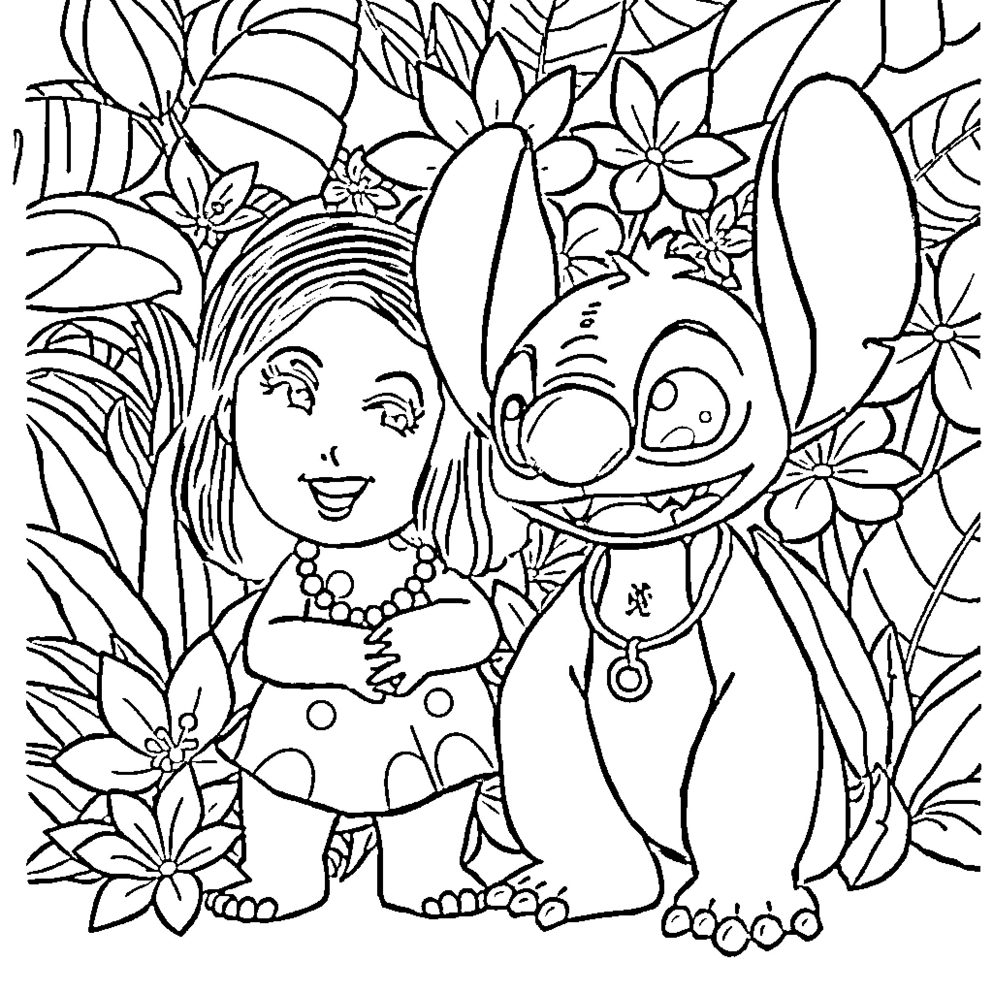 Demon Girl and Creature in Floral Scene Coloring Page (free black-and-white line drawing printable PDF for all, from beginners to advanced learners, including children, teens, adults, and seniors)