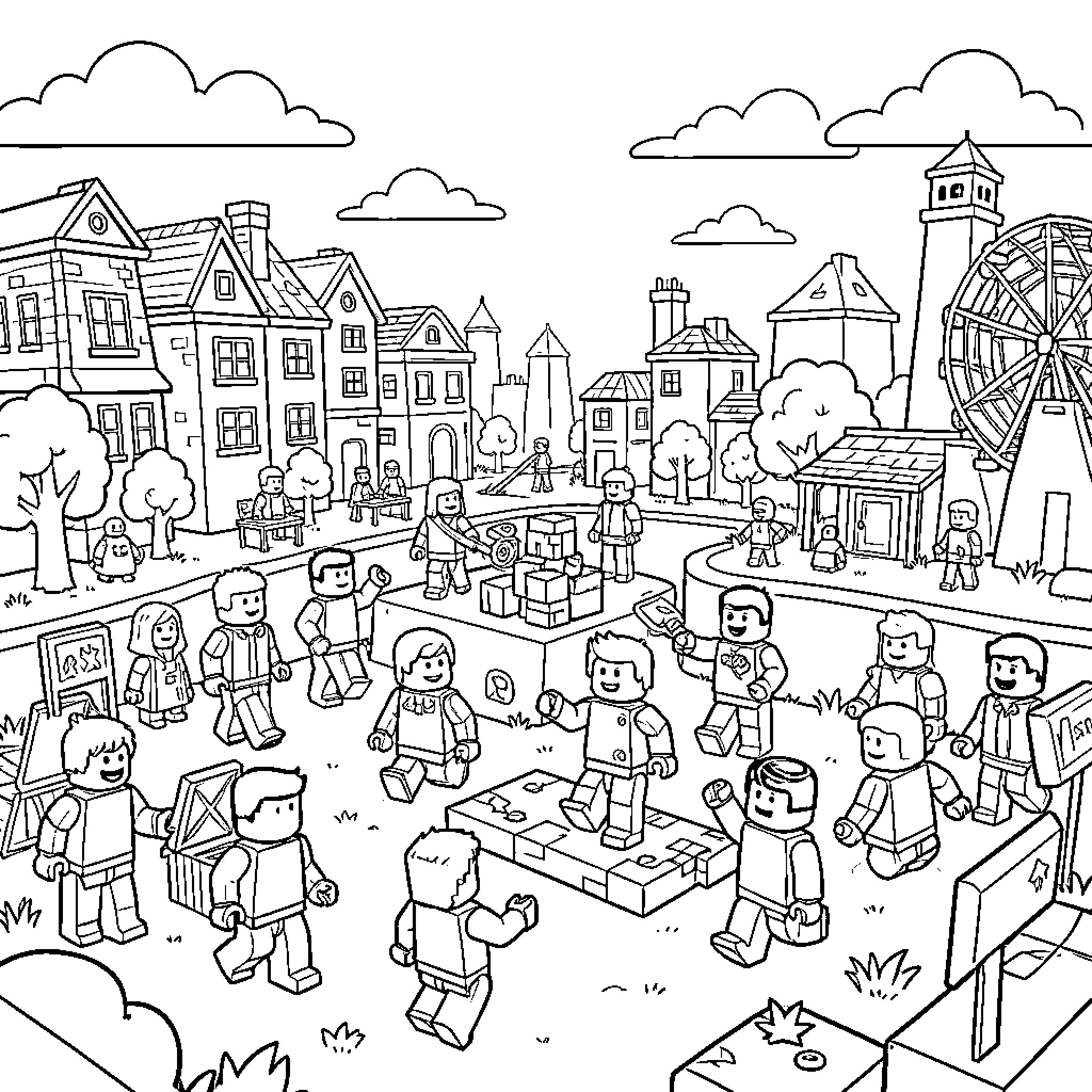Roblox characters enjoying an outdoor carnival scene Coloring Page (free black-and-white line drawing printable PDF for all, from beginners to advanced learners, including children, teens, adults, and seniors)