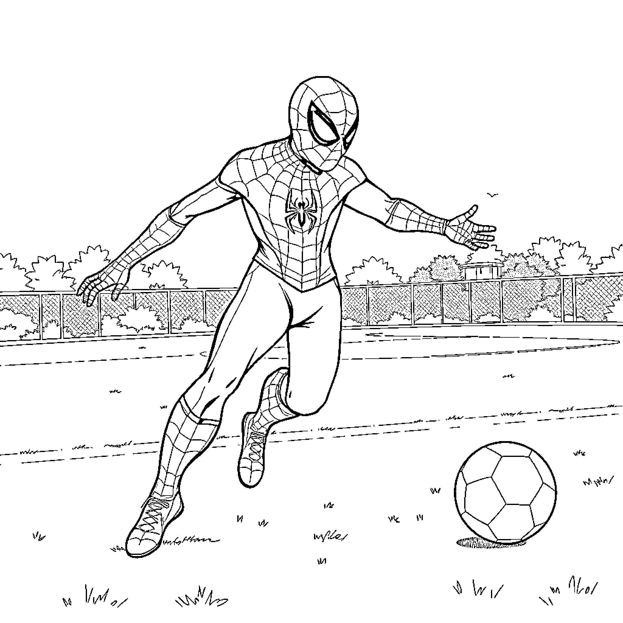 Spiderman playing soccer on a sports field Coloring Page (free black-and-white line drawing printable PDF for all, from beginners to advanced learners, including children, teens, adults, and seniors)