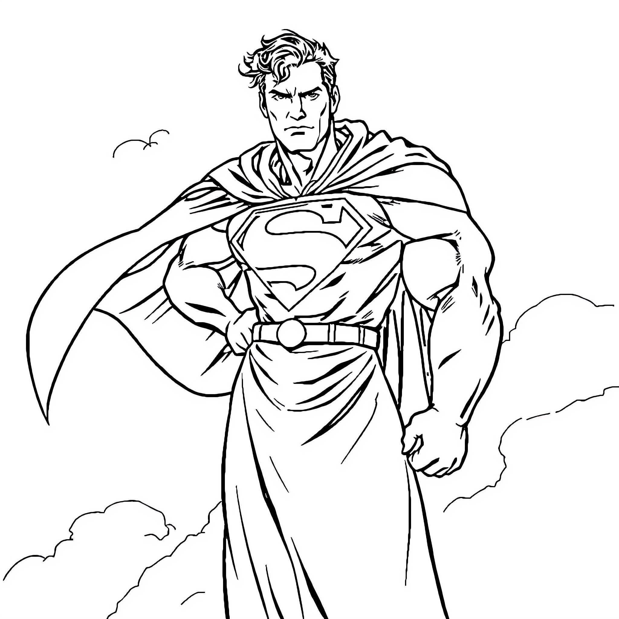Superman heroically standing amid cloudy skies Coloring Page (free black-and-white line drawing printable PDF for all, from beginners to advanced learners, including children, teens, adults, and seniors)