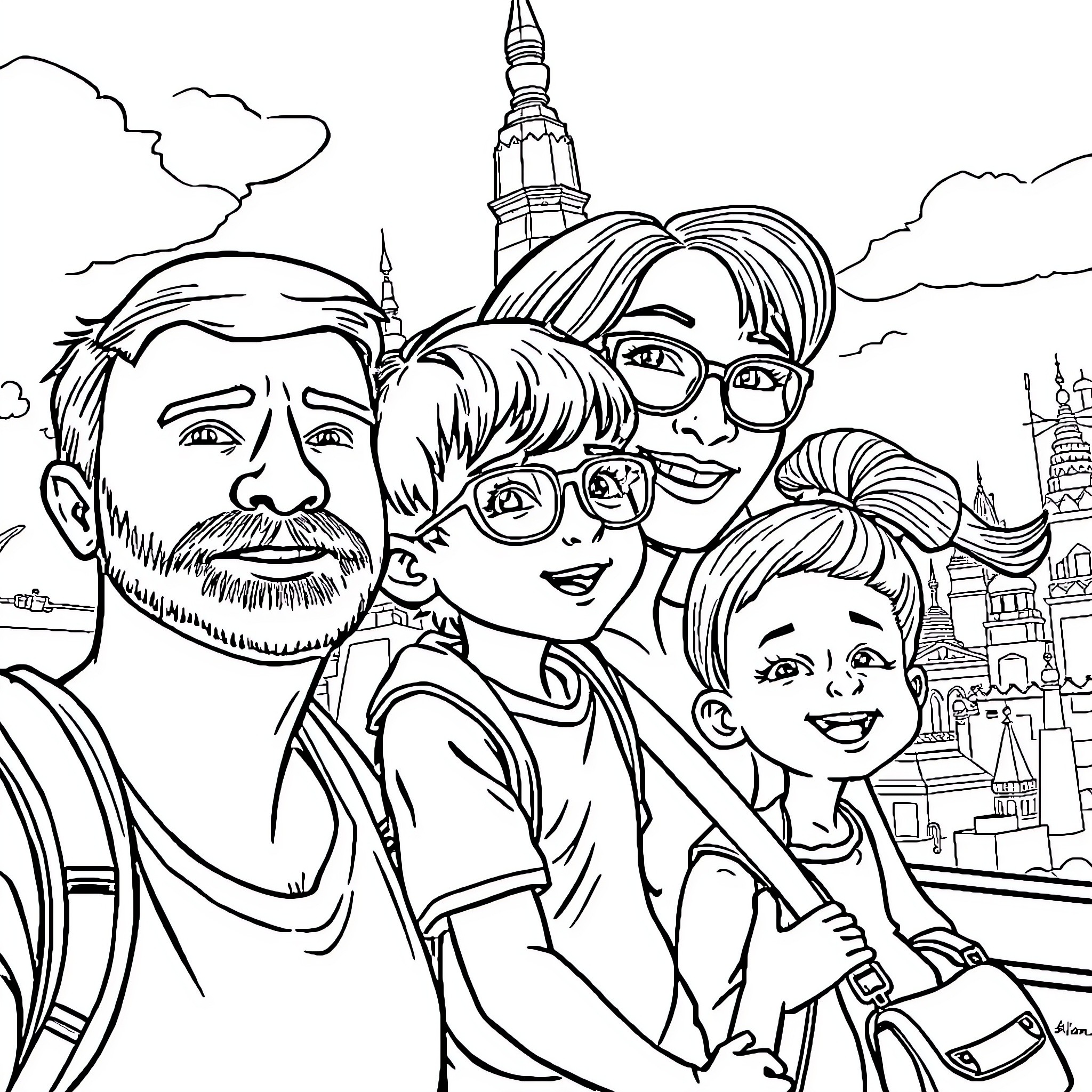Family on a Sightseeing Tour of the City Coloring Page (free black-and-white line drawing printable PDF for all, from beginners to advanced learners, including children, teens, adults, and seniors)