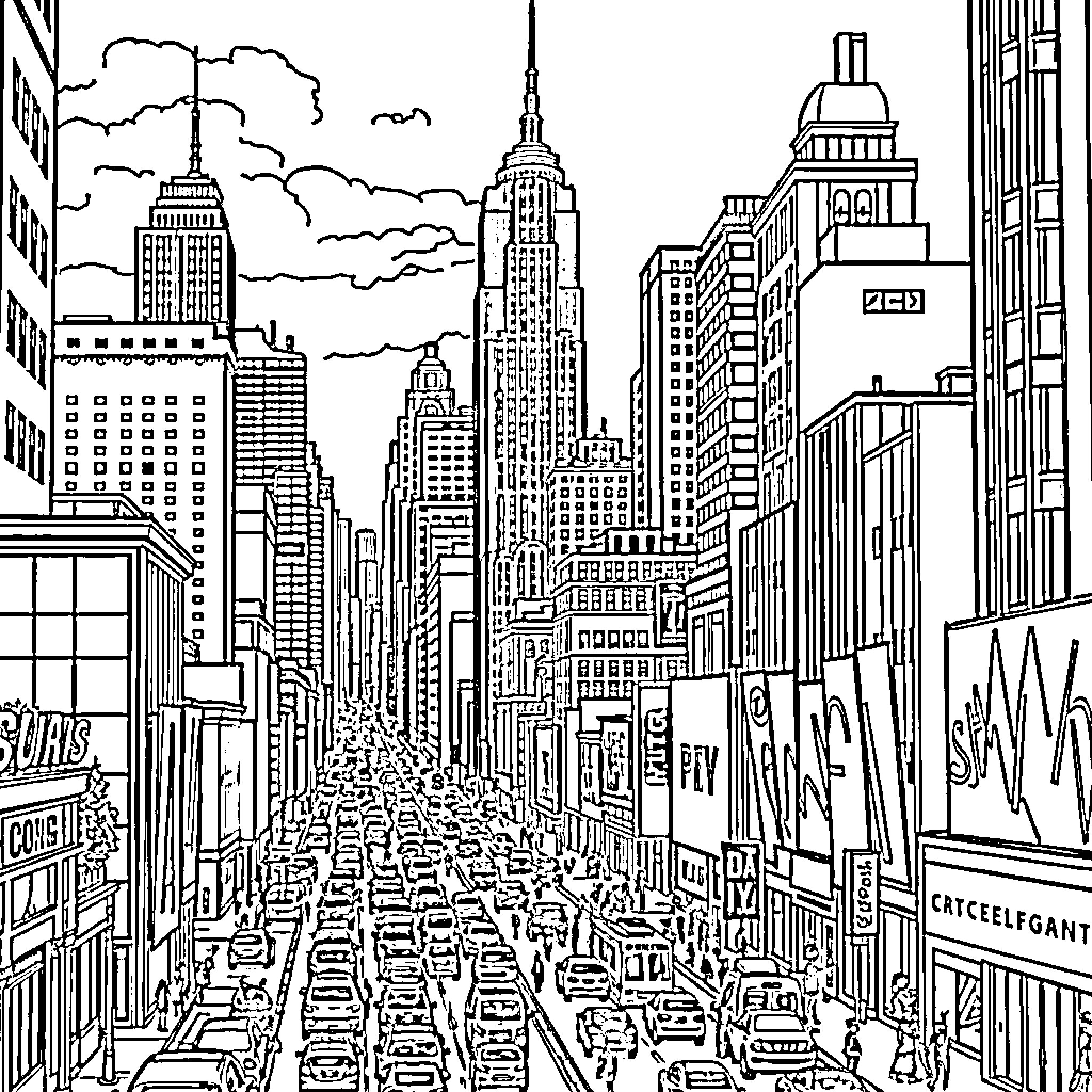 City Skyline with Bustling Streets and Towering Skyscrapers Coloring Page (free black-and-white line drawing printable PDF for all, from beginners to advanced learners, including children, teens, adults, and seniors)