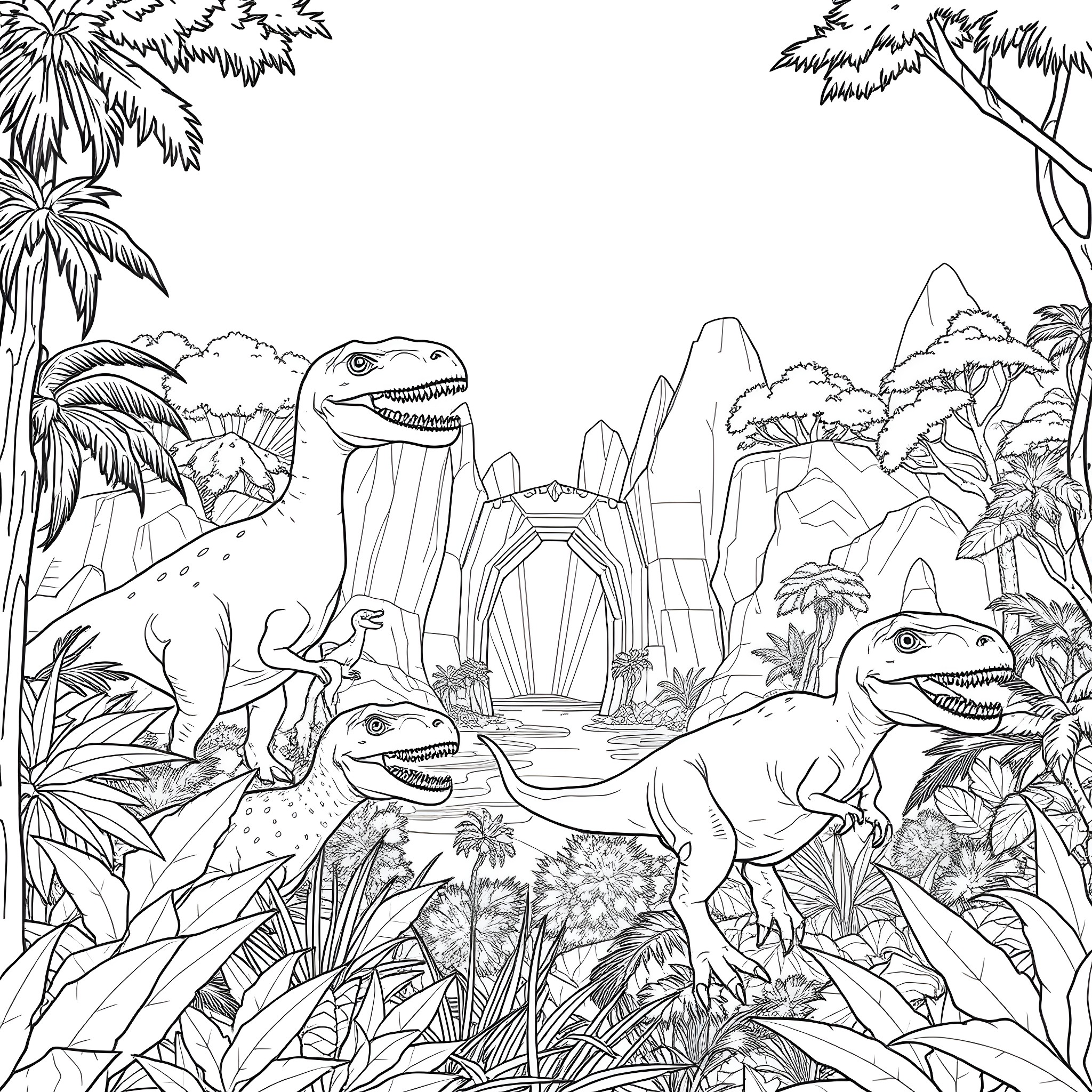 Jurassic Park Dinosaurs Roaming in Tropical Landscape Coloring Page (free black-and-white line drawing printable PDF for all, from beginners to advanced learners, including children, teens, adults, and seniors)