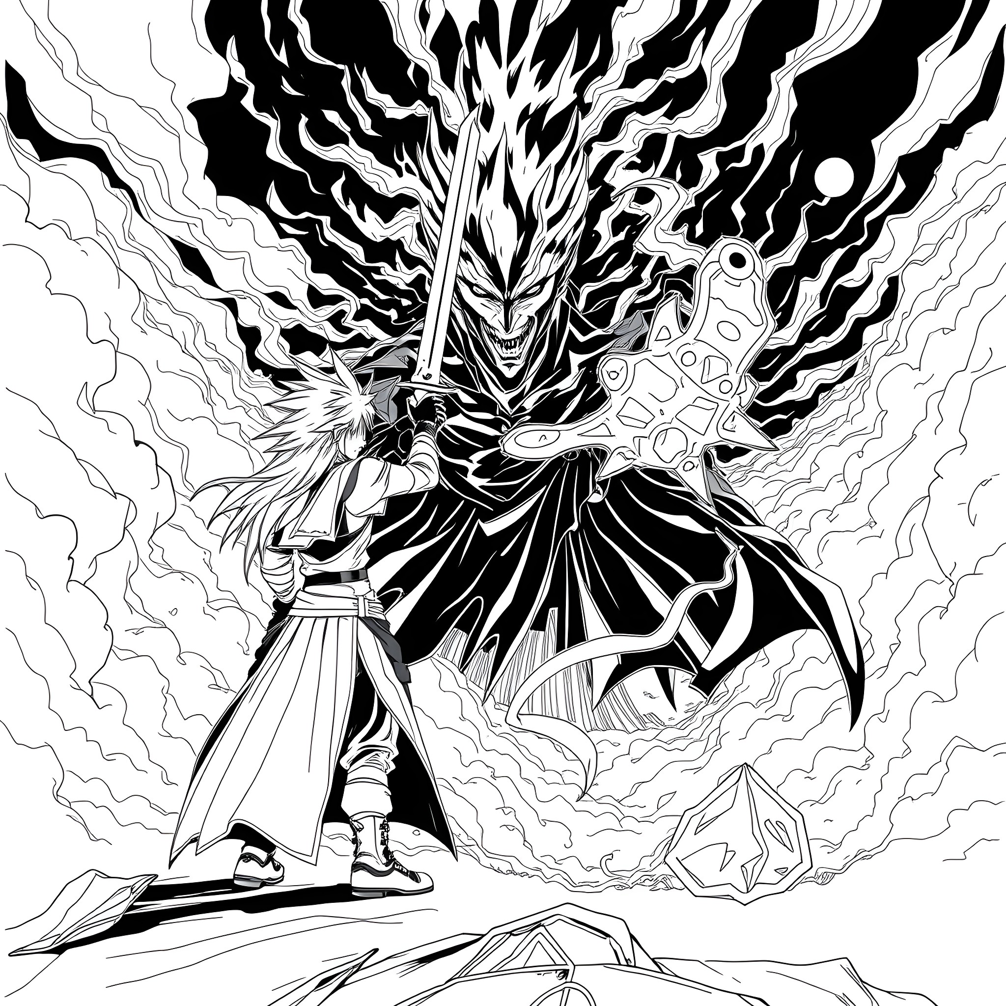 Cloud Strife unleashing powerful magic energy Coloring Page (free black-and-white line drawing printable PDF for all, from beginners to advanced learners, including children, teens, adults, and seniors)