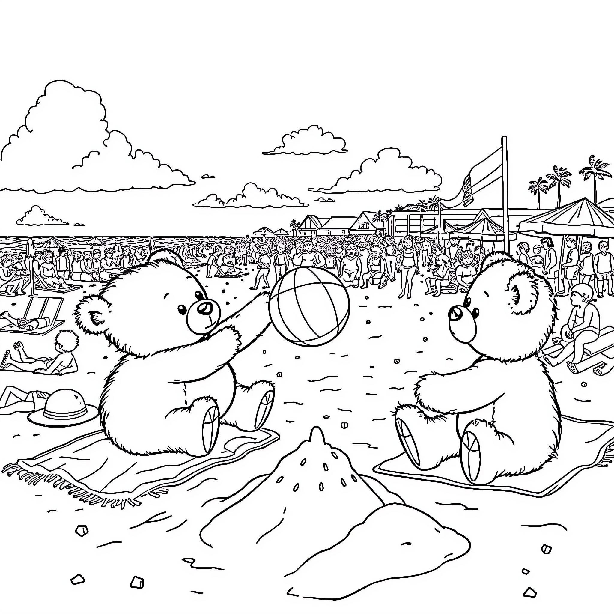 Teddy Bears Enjoying a Day at the Beach Coloring Page (free black-and-white line drawing printable PDF for all, from beginners to advanced learners, including children, teens, adults, and seniors)