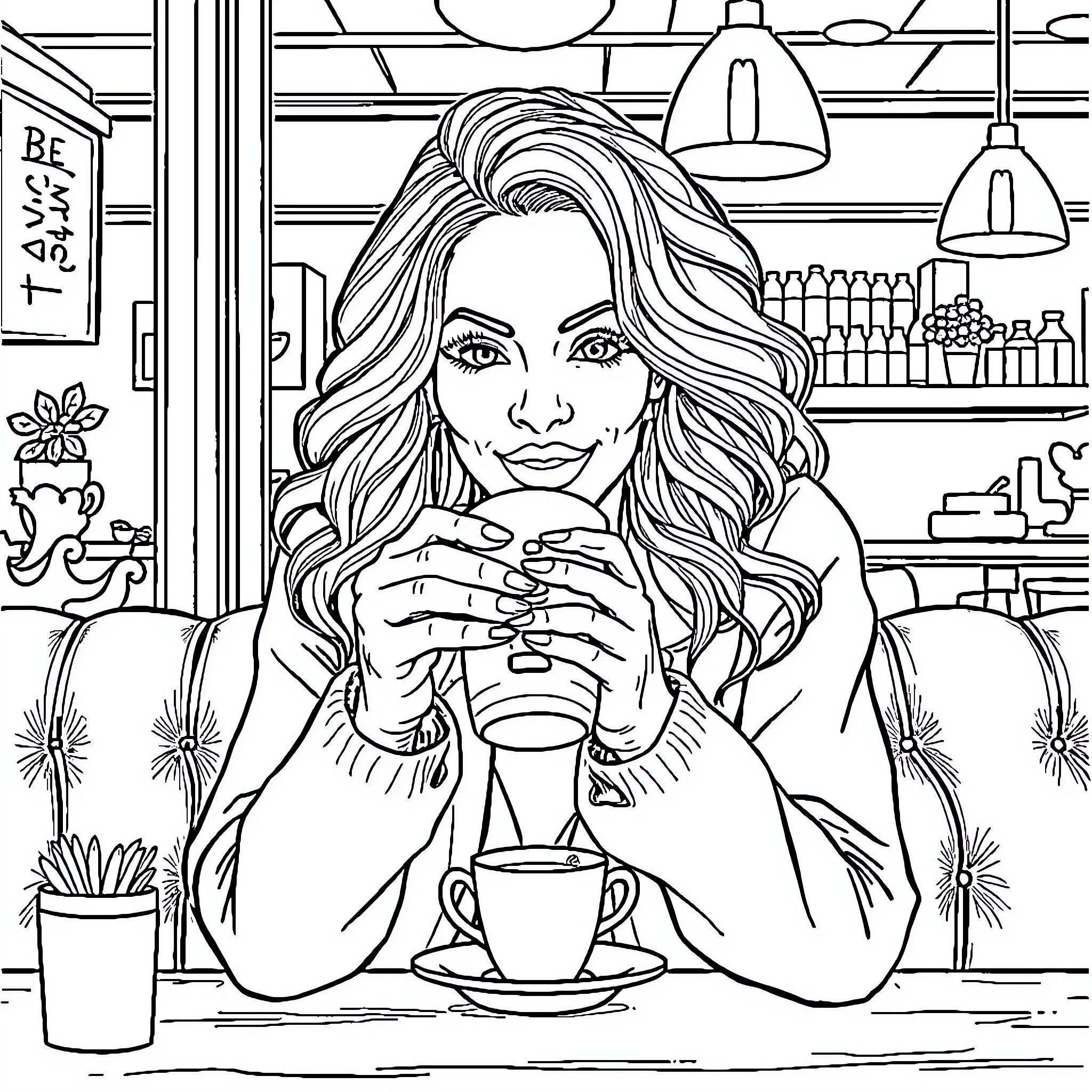 Beyonce relaxing with a cup of coffee in a cozy cafe Coloring Page (free black-and-white line drawing printable PDF for all, from beginners to advanced learners, including children, teens, adults, and seniors)