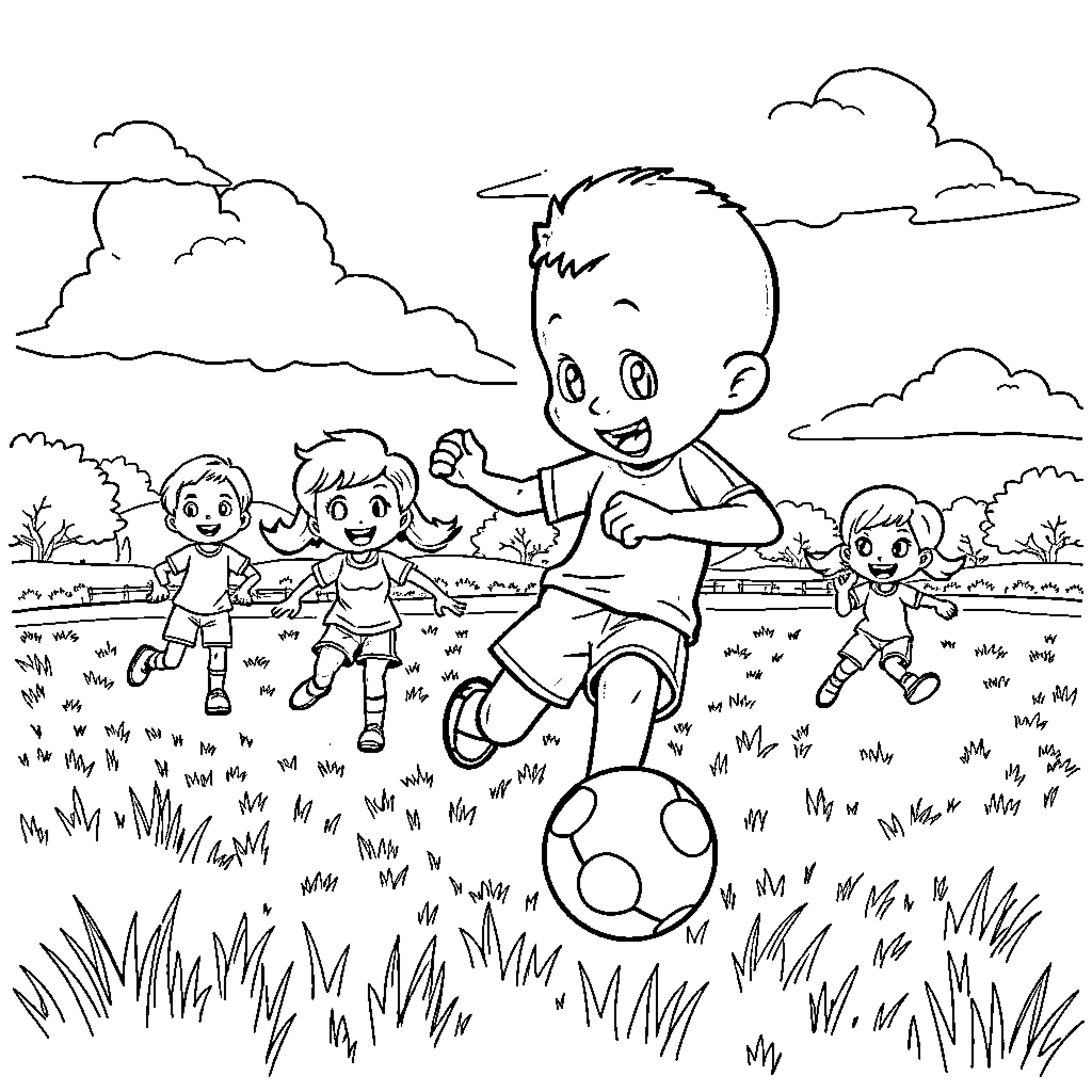 Bluey and friends playing soccer in the park Coloring Page (free black-and-white line drawing printable PDF for all, from beginners to advanced learners, including children, teens, adults, and seniors)