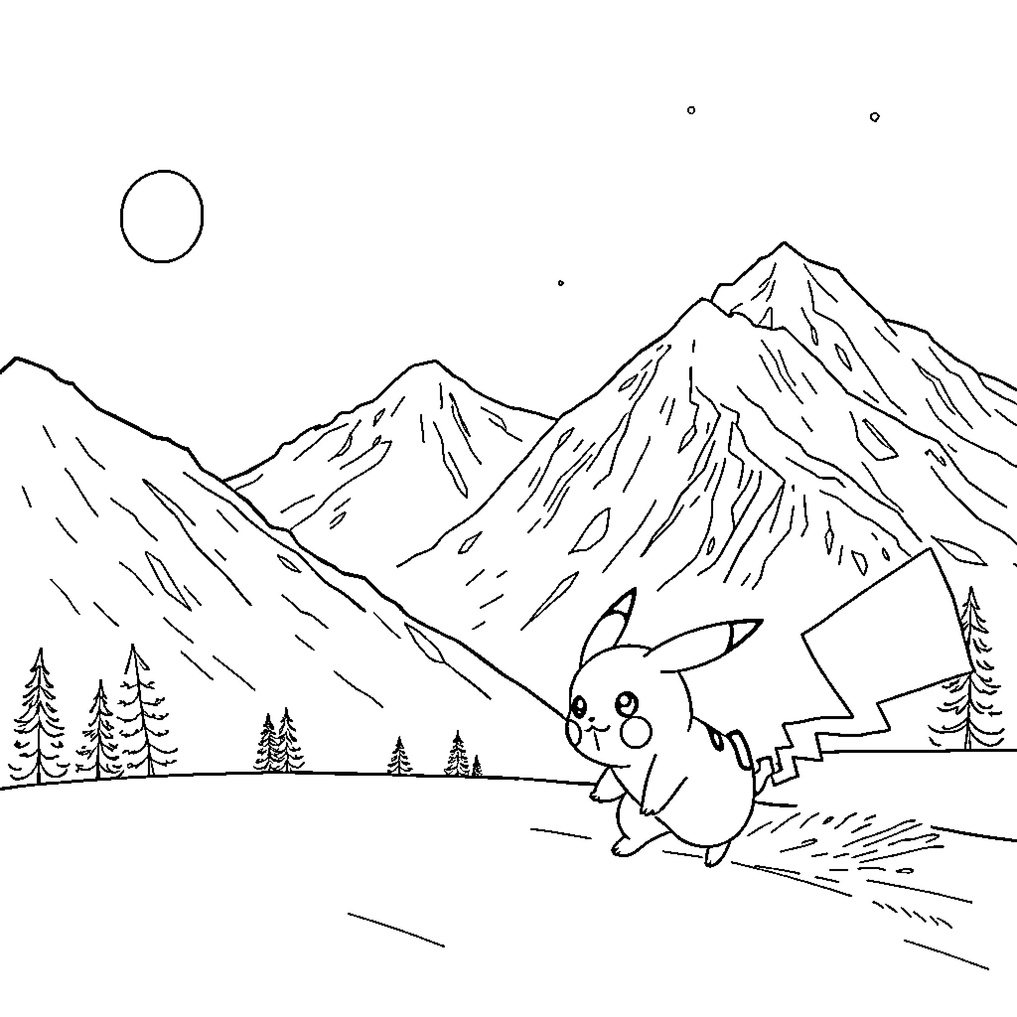 Pocoyo hiking through a snowy mountain landscape Coloring Page (free black-and-white line drawing printable PDF for all, from beginners to advanced learners, including children, teens, adults, and seniors)