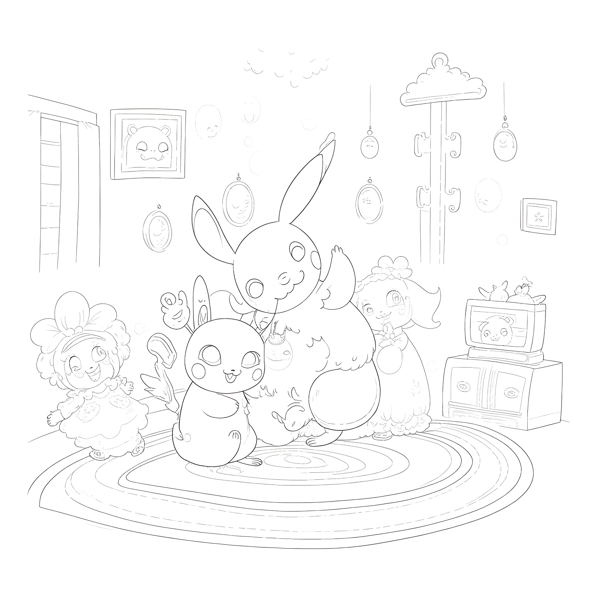 Pikachu and friends in a cozy home Coloring Page (free black-and-white line drawing printable PDF for all, from beginners to advanced learners, including children, teens, adults, and seniors)