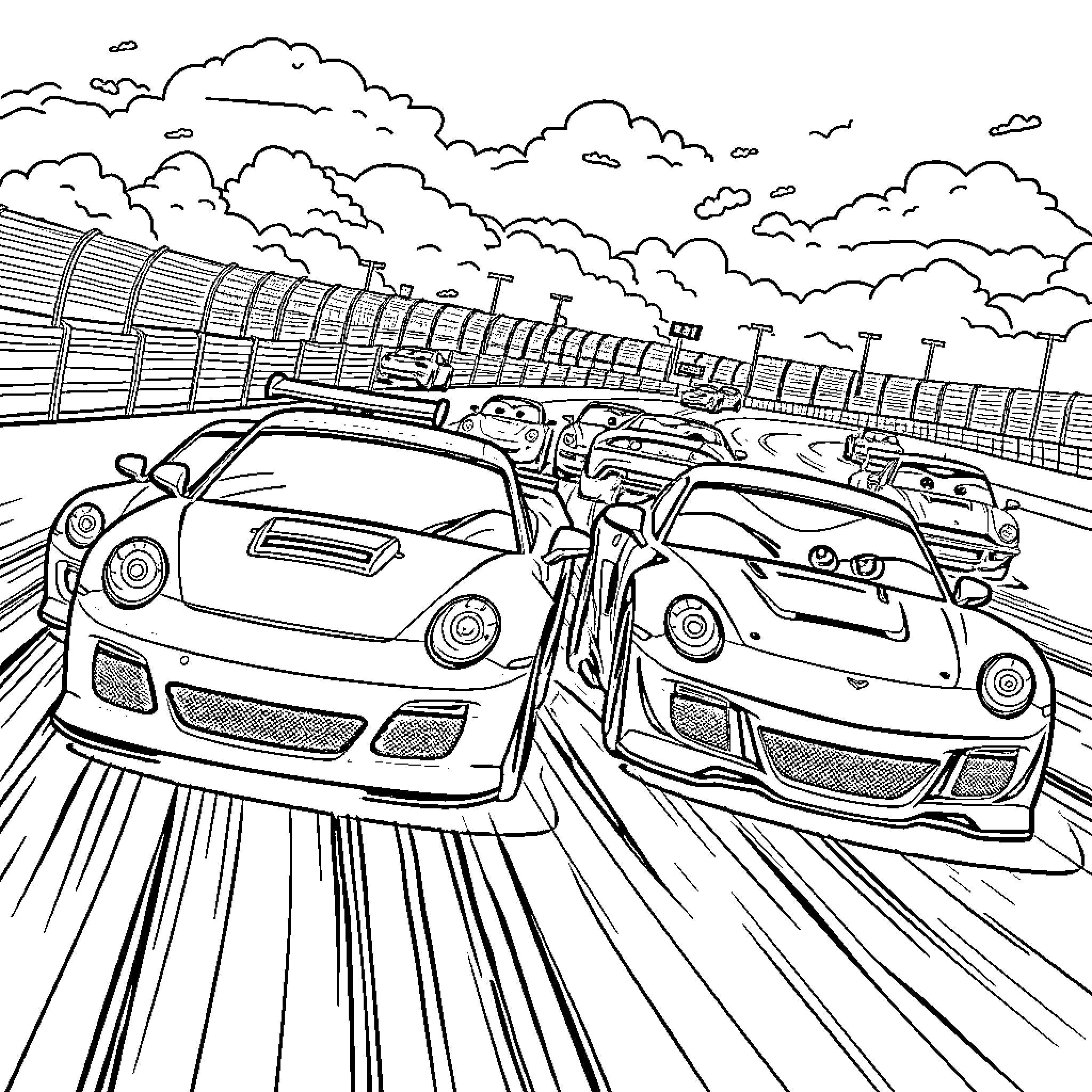 Car Racing on Winding Road Against Cloudy Sky Coloring Page (free black-and-white line drawing printable PDF for all, from beginners to advanced learners, including children, teens, adults, and seniors)