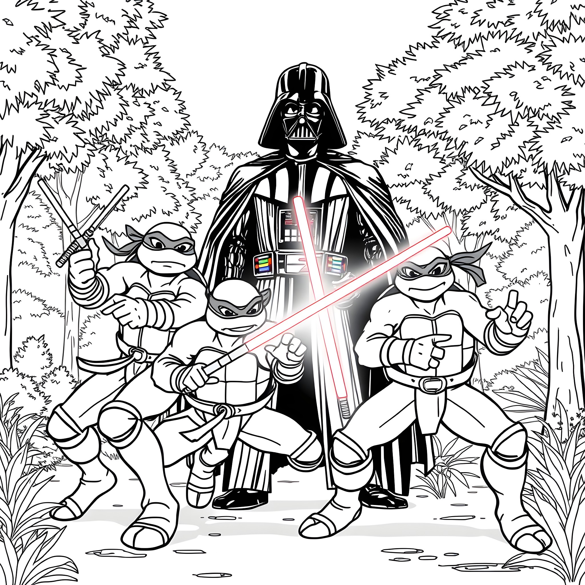 Ninja Turtle Trio Facing Darth Vader in Forest Coloring Page (free black-and-white line drawing printable PDF for all, from beginners to advanced learners, including children, teens, adults, and seniors)