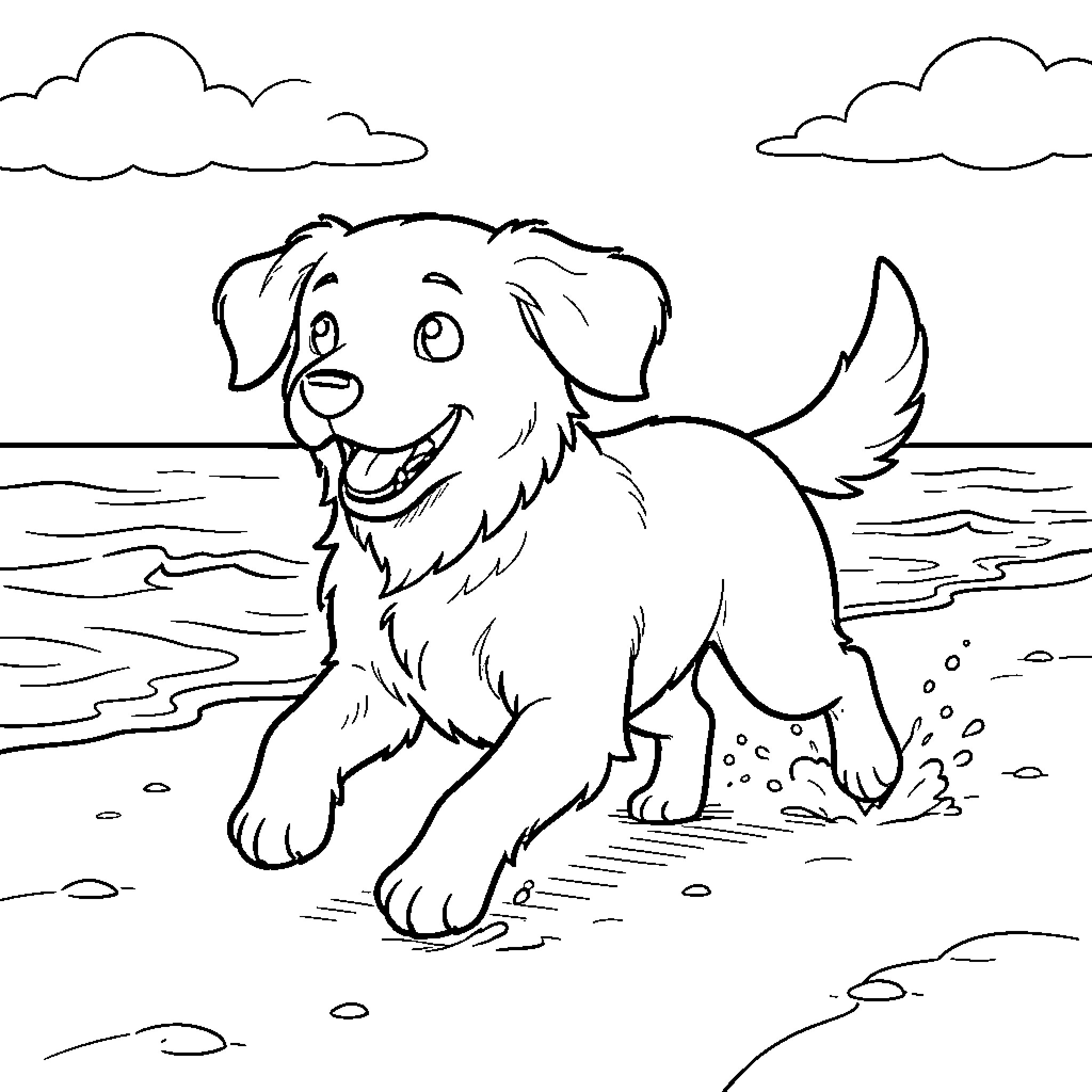 Golden Retriever running joyfully along the beach Coloring Page (free black-and-white line drawing printable PDF for all, from beginners to advanced learners, including children, teens, adults, and seniors)