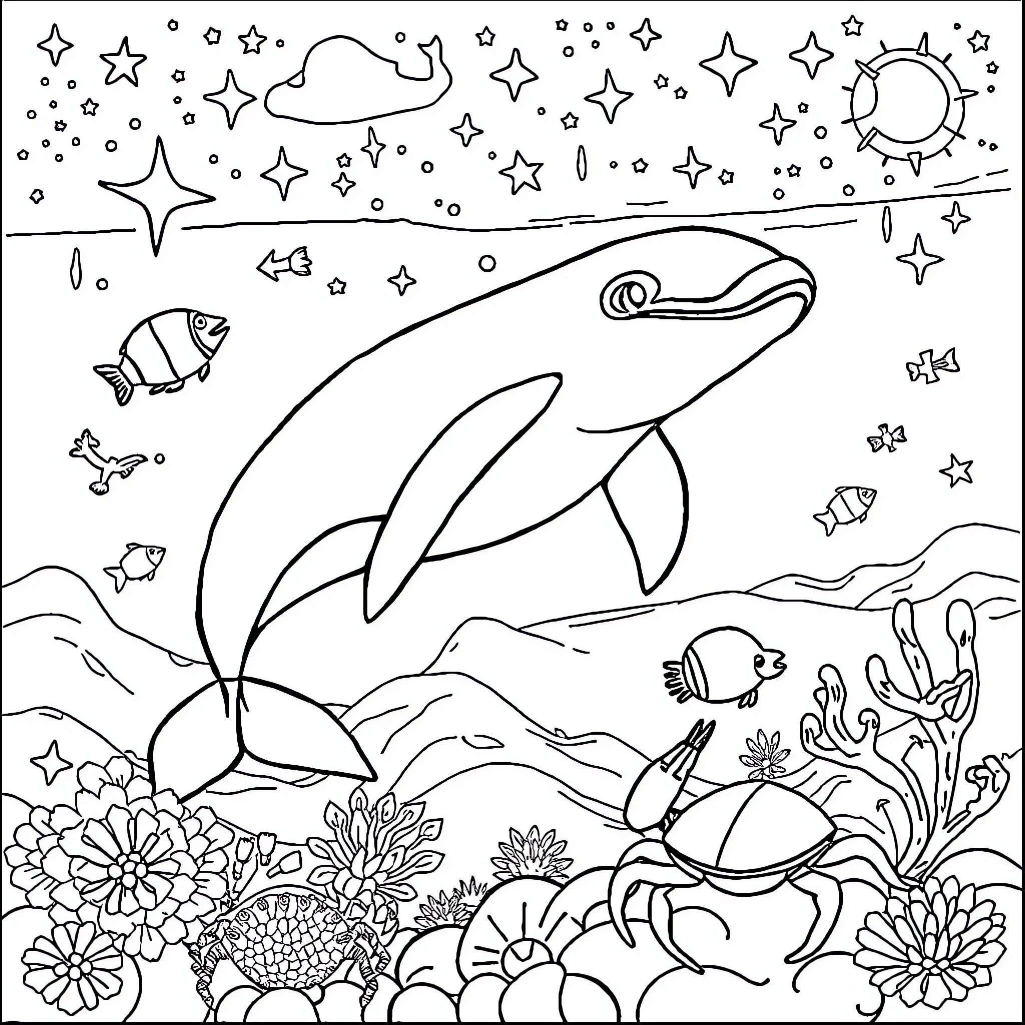 Whale surrounded by underwater marine life and celestial elements Coloring Page (free black-and-white line drawing printable PDF for all, from beginners to advanced learners, including children, teens, adults, and seniors)