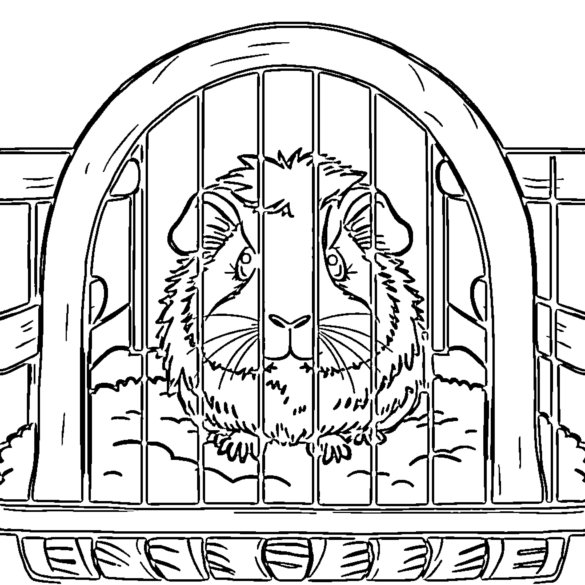 Guinea Pig behind bars in a cage Coloring Page (free black-and-white line drawing printable PDF for all, from beginners to advanced learners, including children, teens, adults, and seniors)