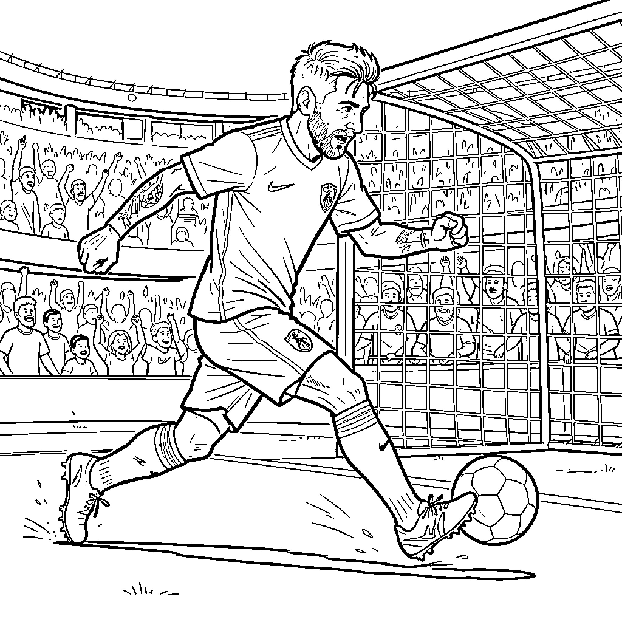 Lionel Messi kicking a soccer ball during a match Coloring Page (free black-and-white line drawing printable PDF for all, from beginners to advanced learners, including children, teens, adults, and seniors)