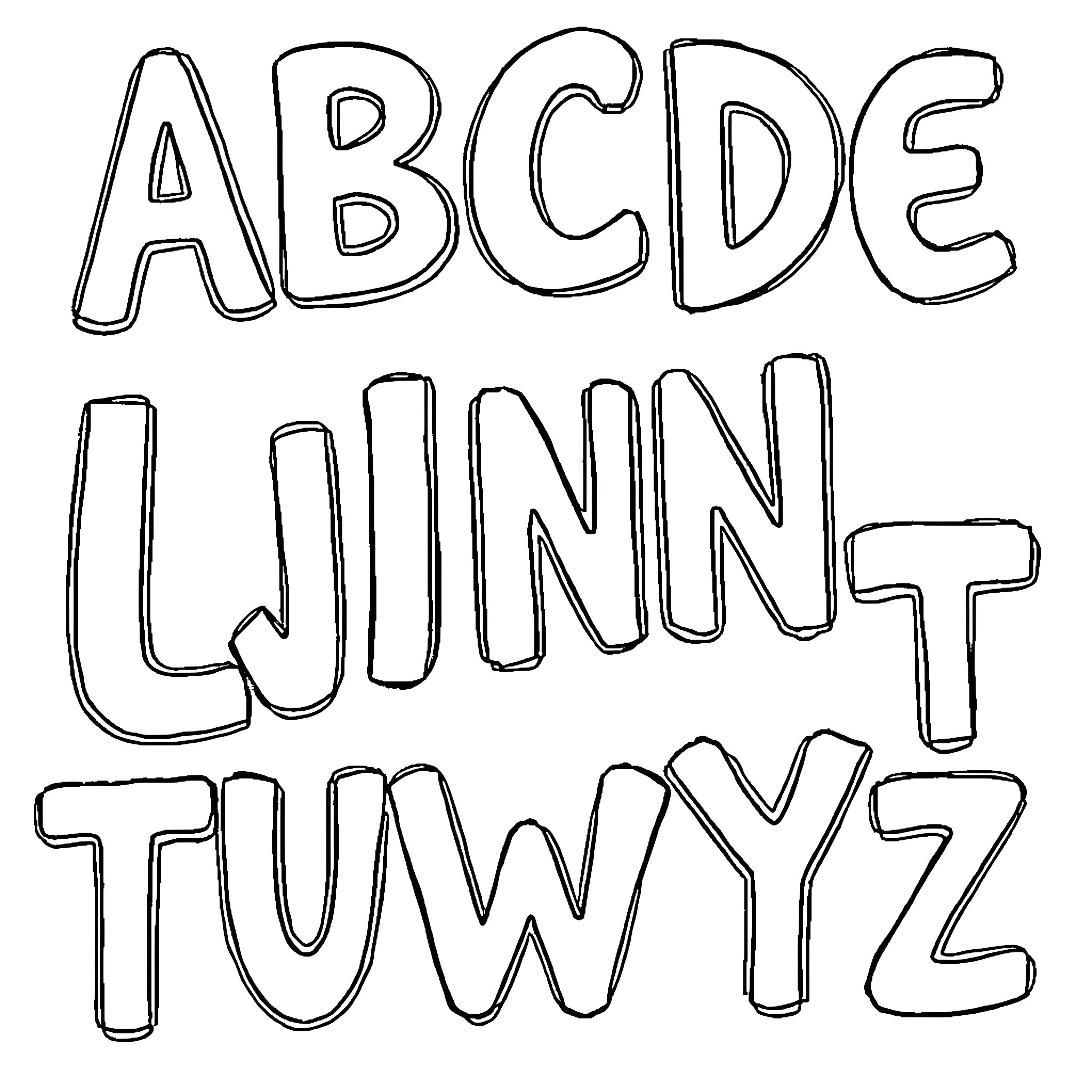 Alphabet of playful hand-drawn letters Coloring Page (free black-and-white line drawing printable PDF for all, from beginners to advanced learners, including children, teens, adults, and seniors)